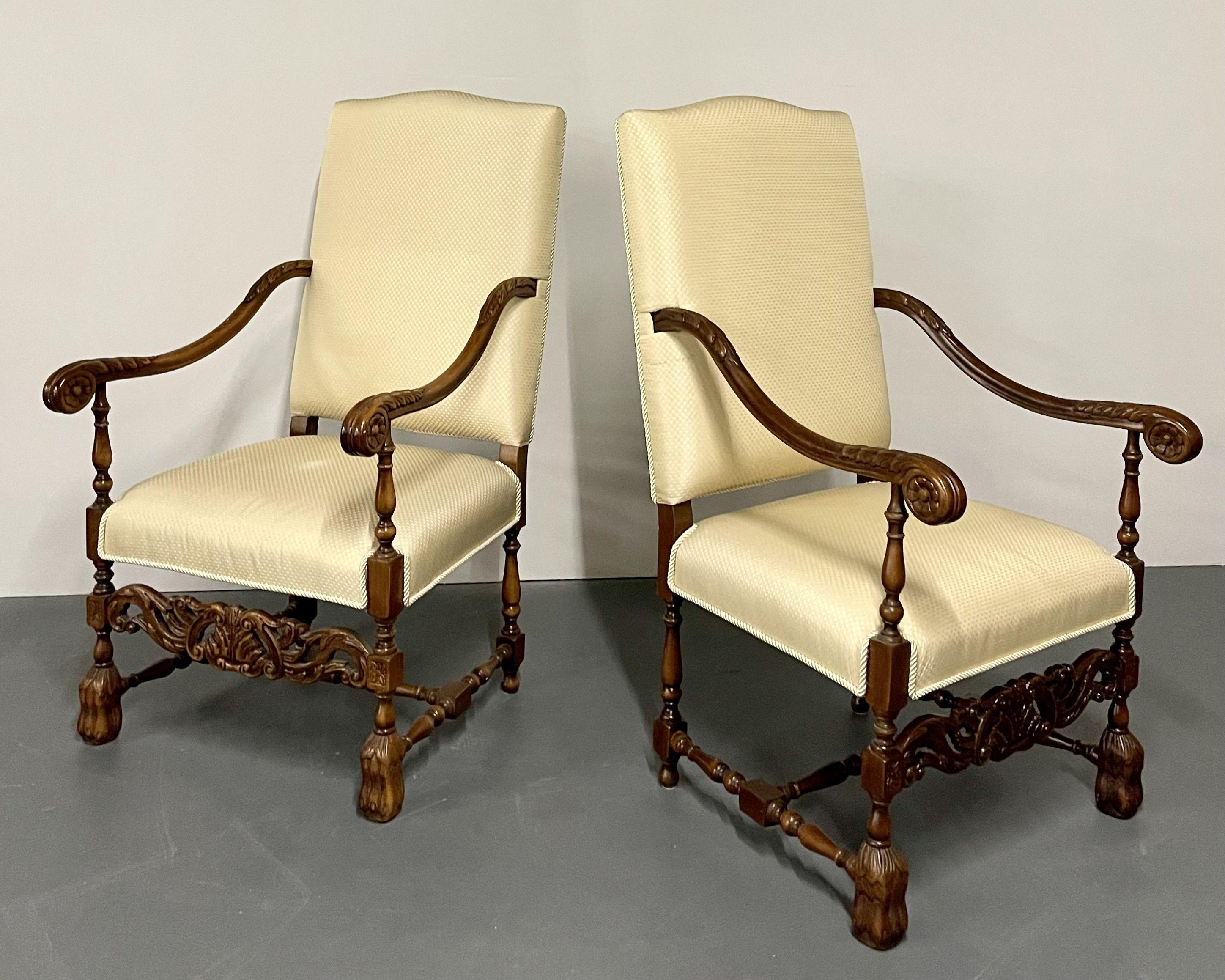 Pair of Custom Throne, Hi Back chairs. Each in a Scalamandre fine Upholstery supported by Jacobean Style Barley Twist Walnut legs with a stretcher. The pair with wonderfully carved arms and front leg support.

Seat height: 19in.

Removed
