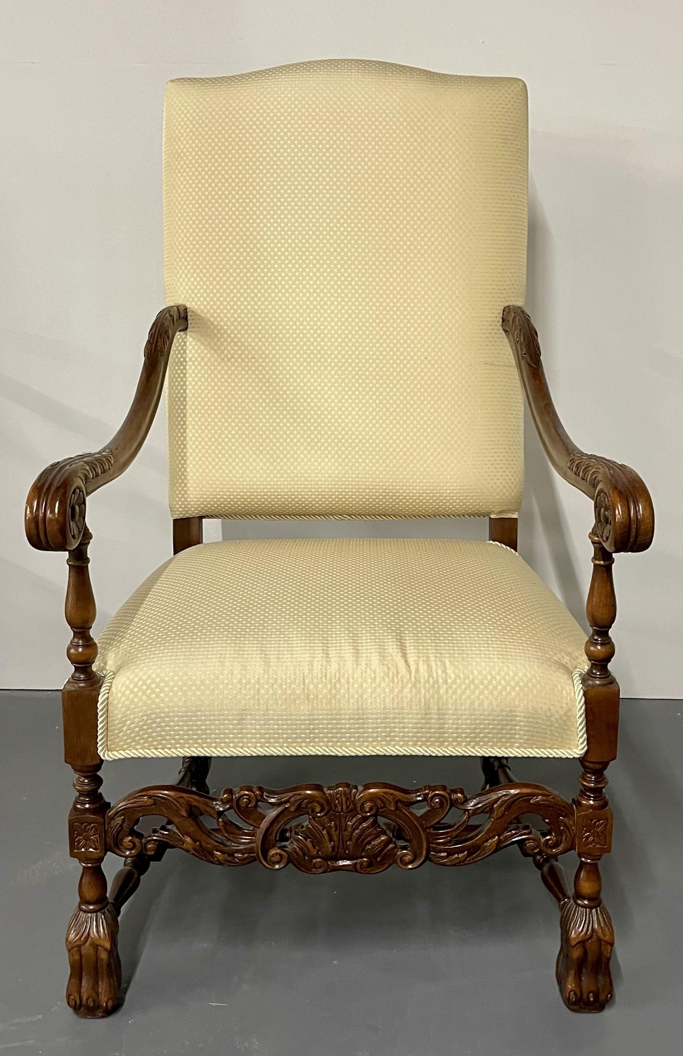 Pair of Custom Throne, Hi Back Chairs, Fine Upholstery, Barley Twist, Jacobean In Good Condition For Sale In Stamford, CT