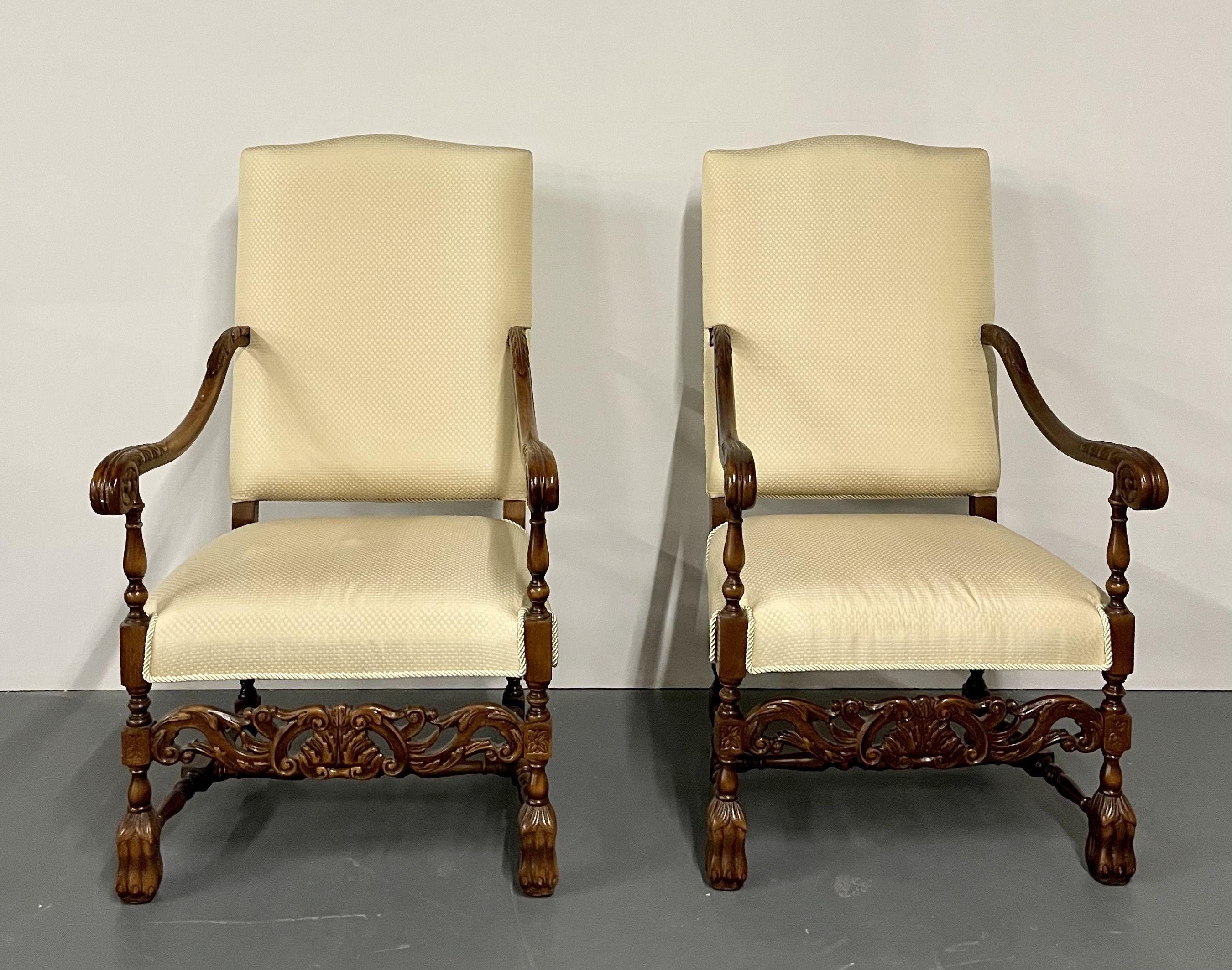 Mid-20th Century Pair of Custom Throne, Hi Back Chairs, Fine Upholstery, Barley Twist, Jacobean For Sale