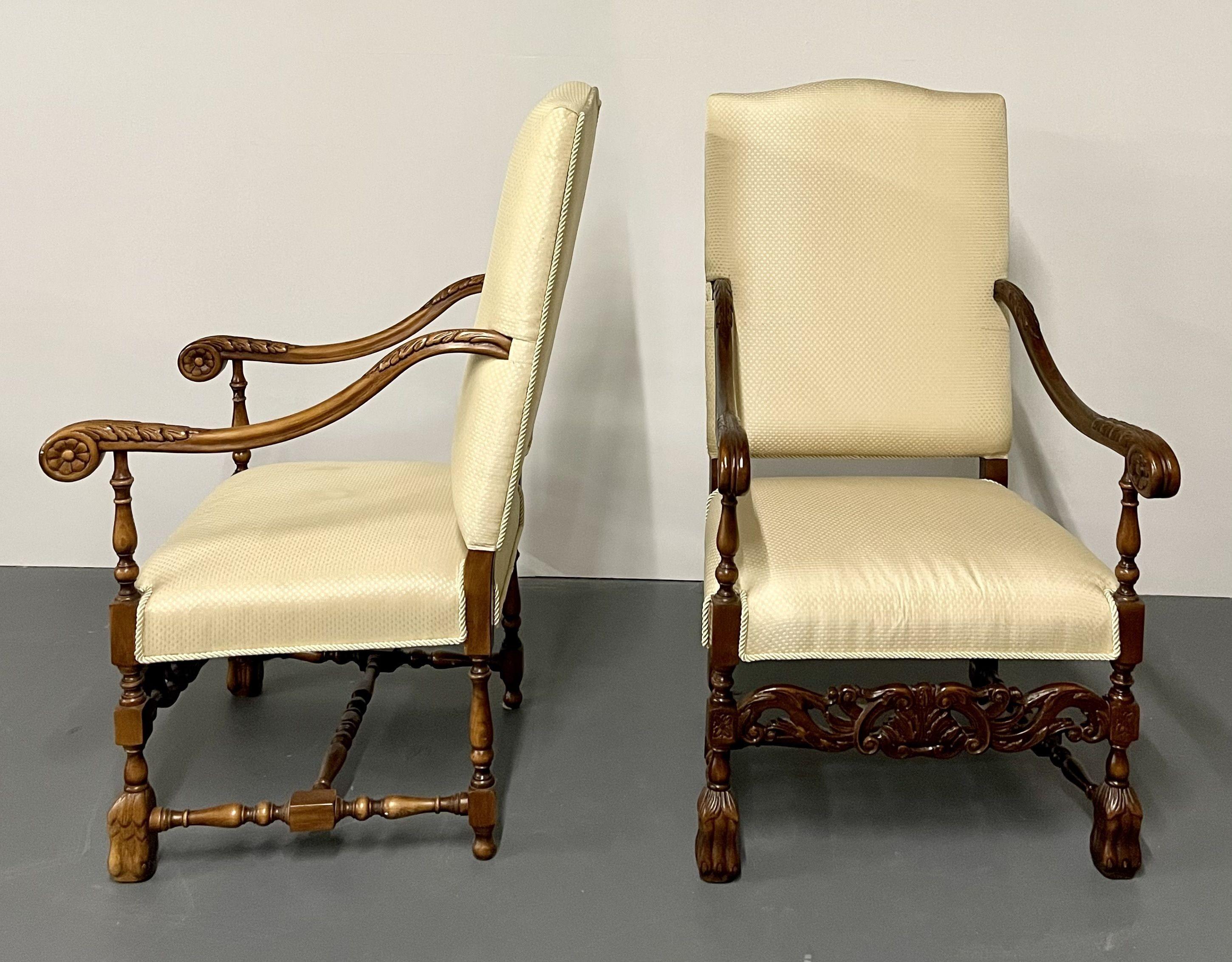Textile Pair of Custom Throne, Hi Back Chairs, Fine Upholstery, Barley Twist, Jacobean For Sale