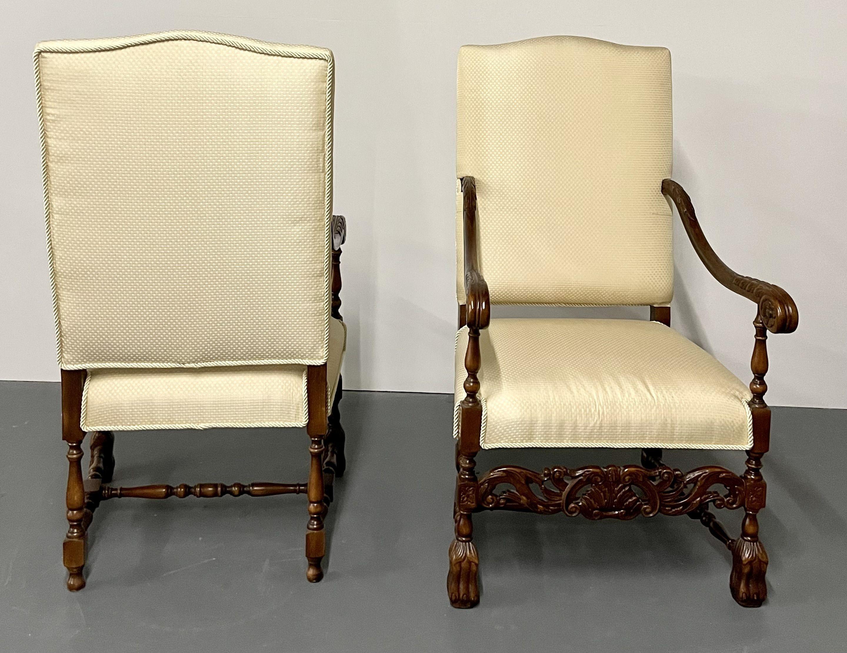 Pair of Custom Throne, Hi Back Chairs, Fine Upholstery, Barley Twist, Jacobean For Sale 1