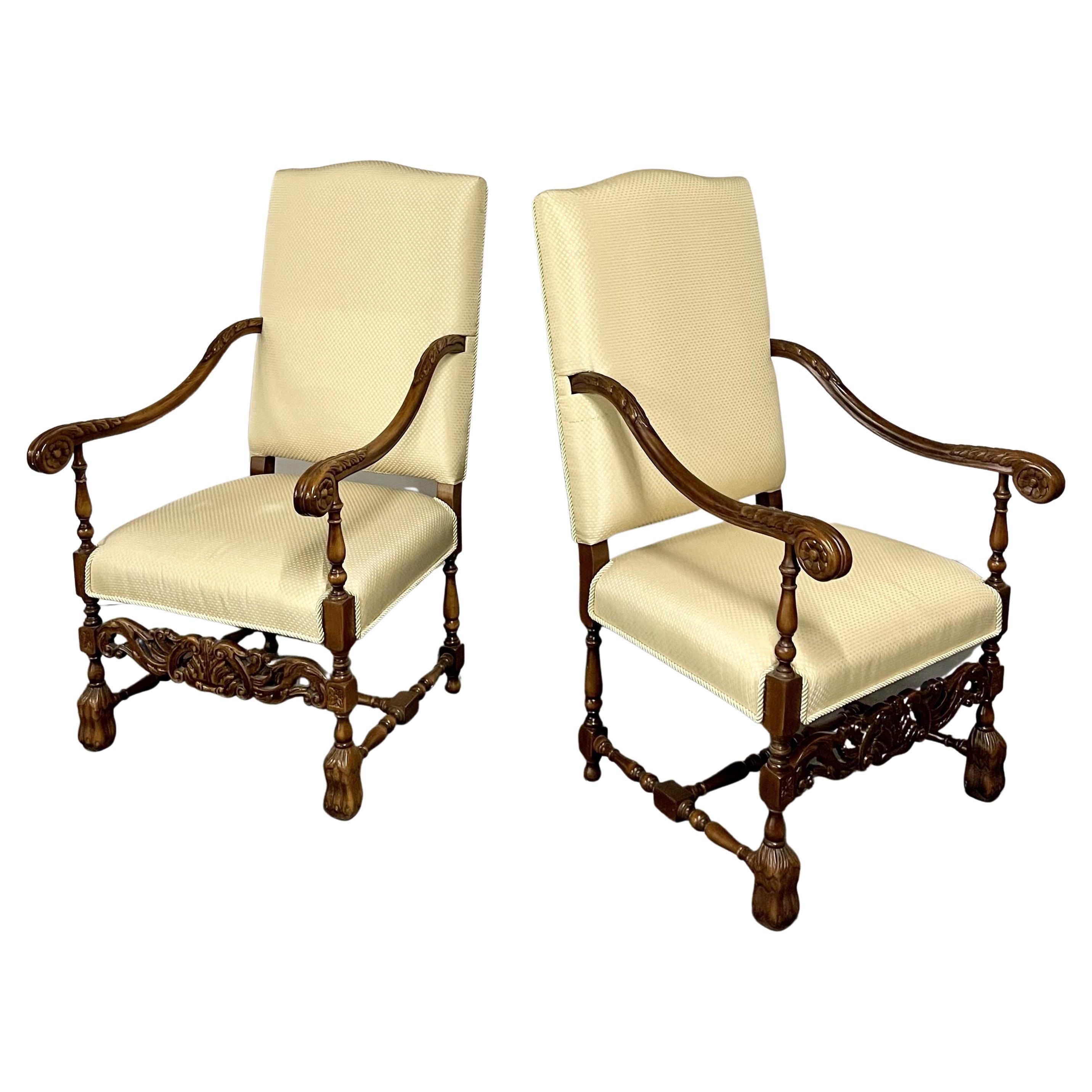 Pair of Custom Throne, Hi Back Chairs, Fine Upholstery, Barley Twist, Jacobean For Sale