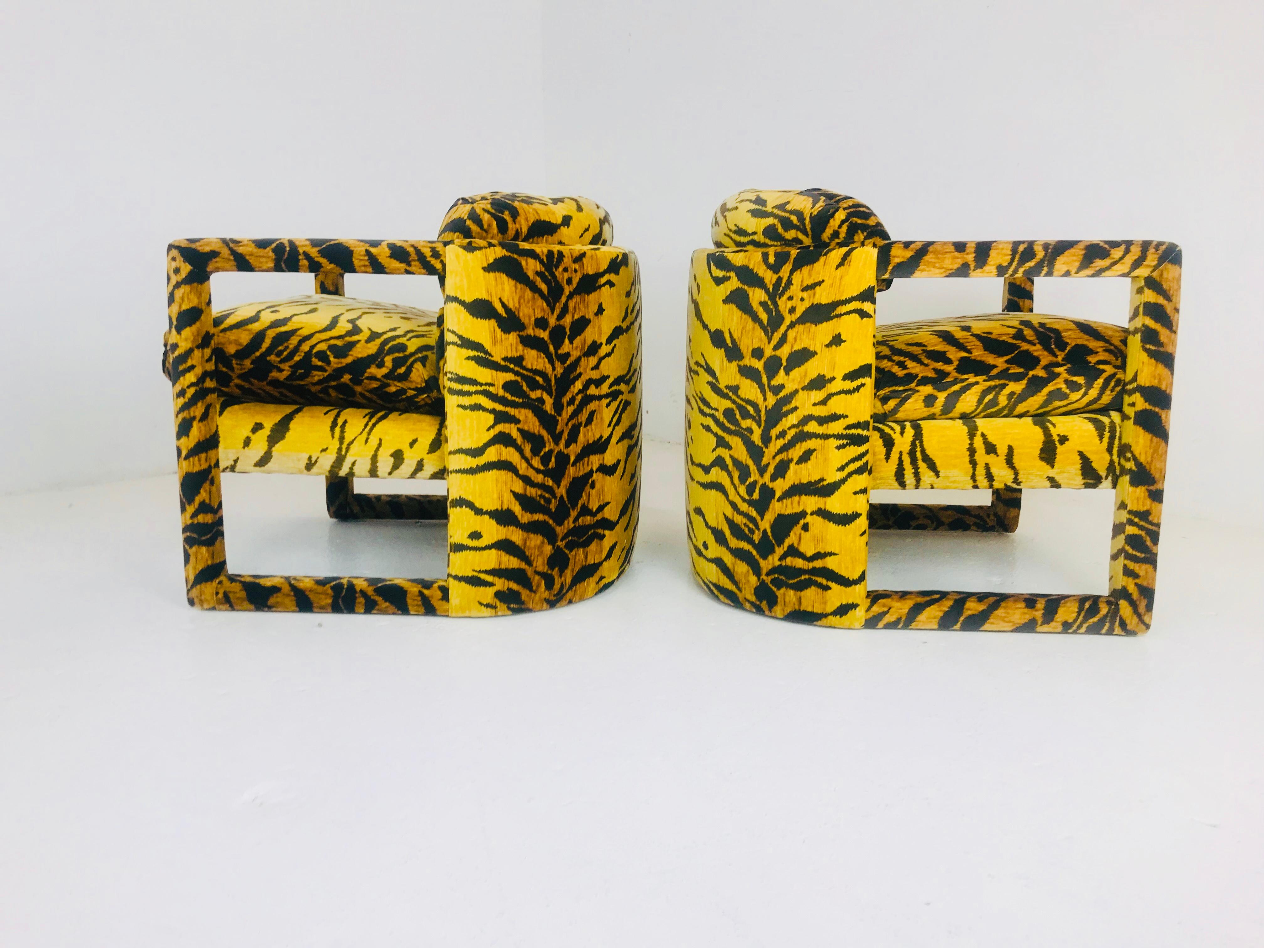 Pair of Custom Tiger Print Chairs in the Style of Milo Baughman For Sale 3