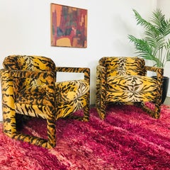 Pair of Custom Tiger Print Chairs in the Style of Milo Baughman
