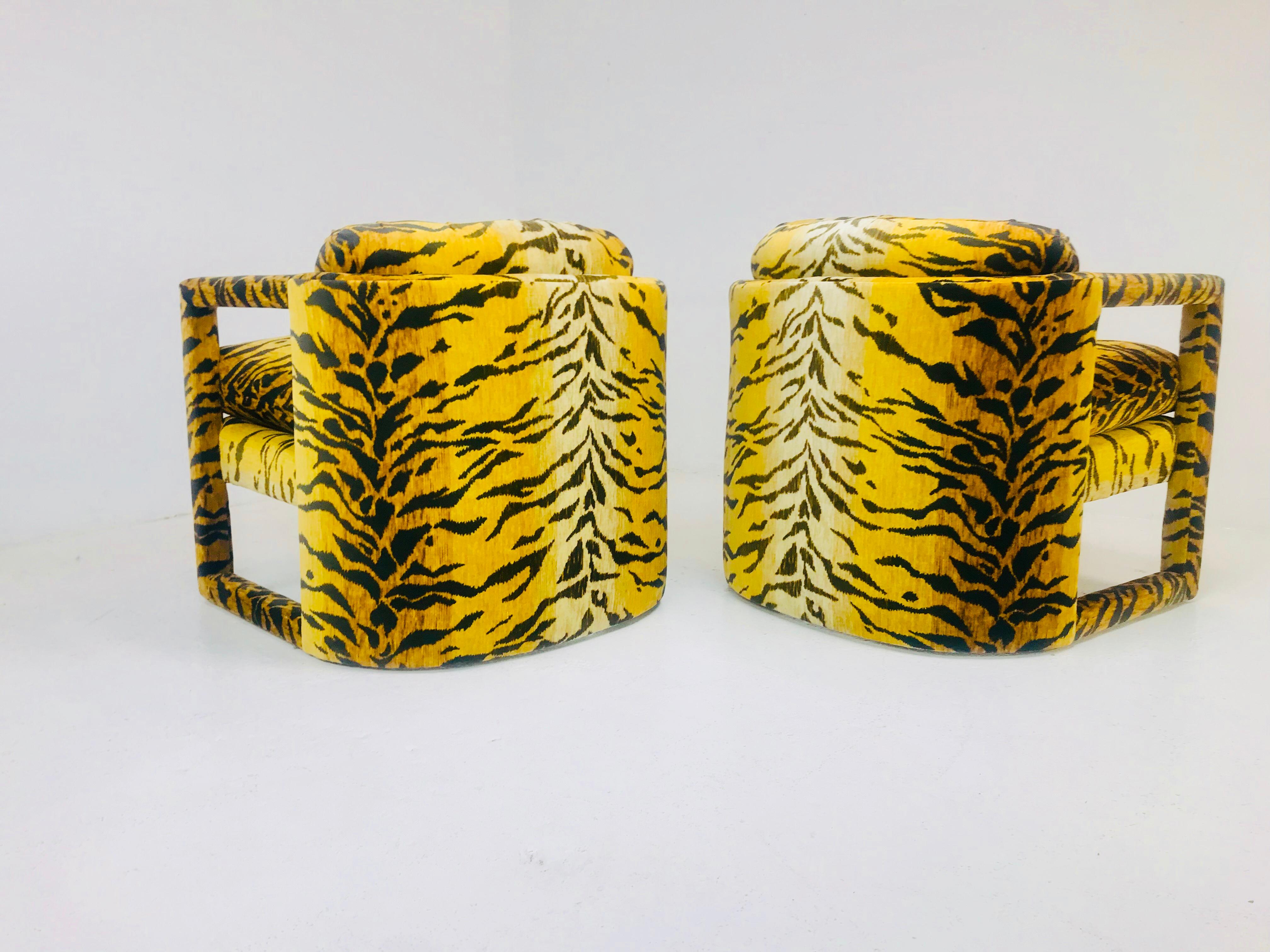 Mid-Century Modern Pair of Custom Tiger Print Chairs in the Style of Milo Baughman For Sale