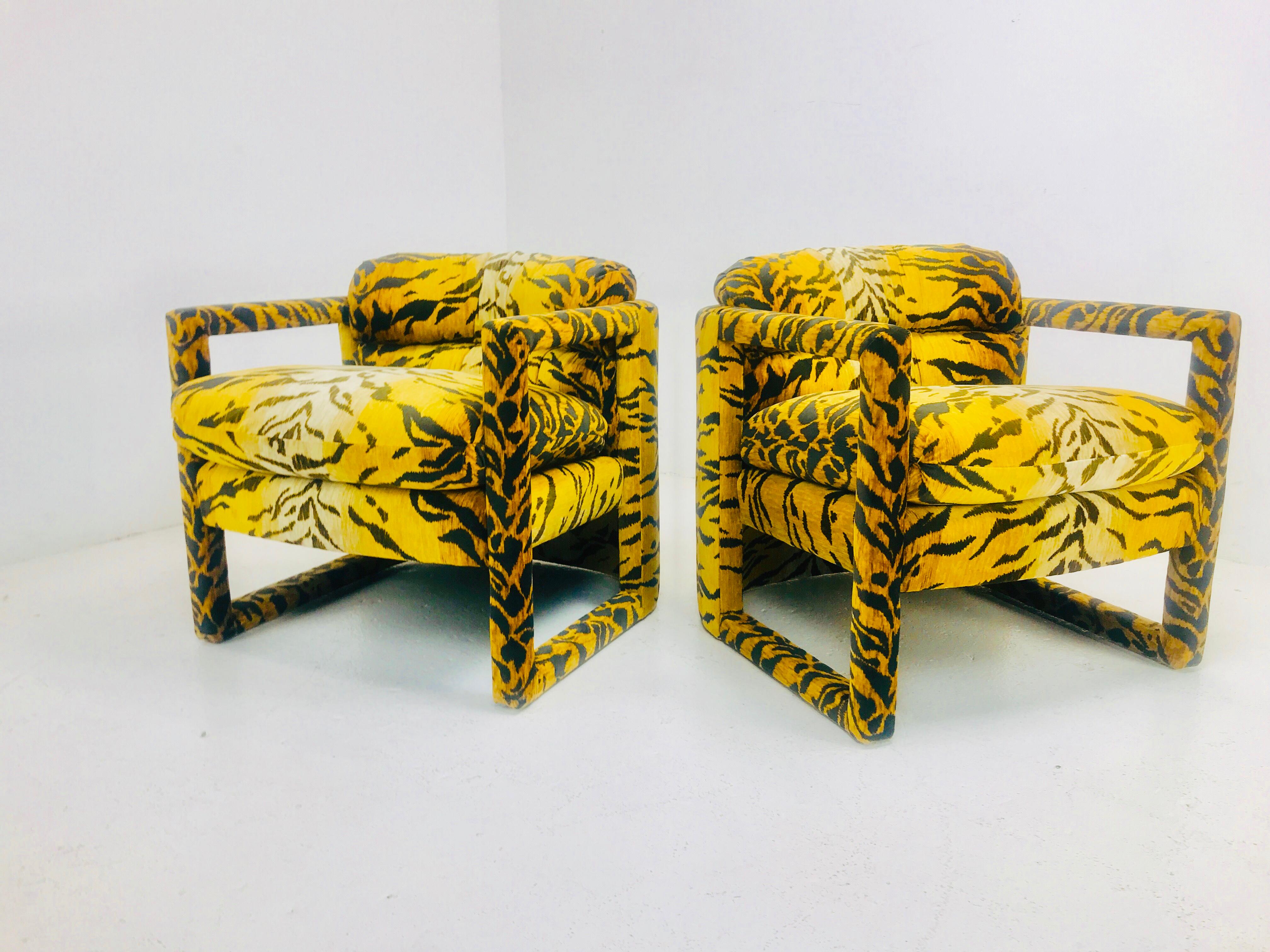 Fabric Pair of Custom Tiger Print Chairs in the Style of Milo Baughman For Sale