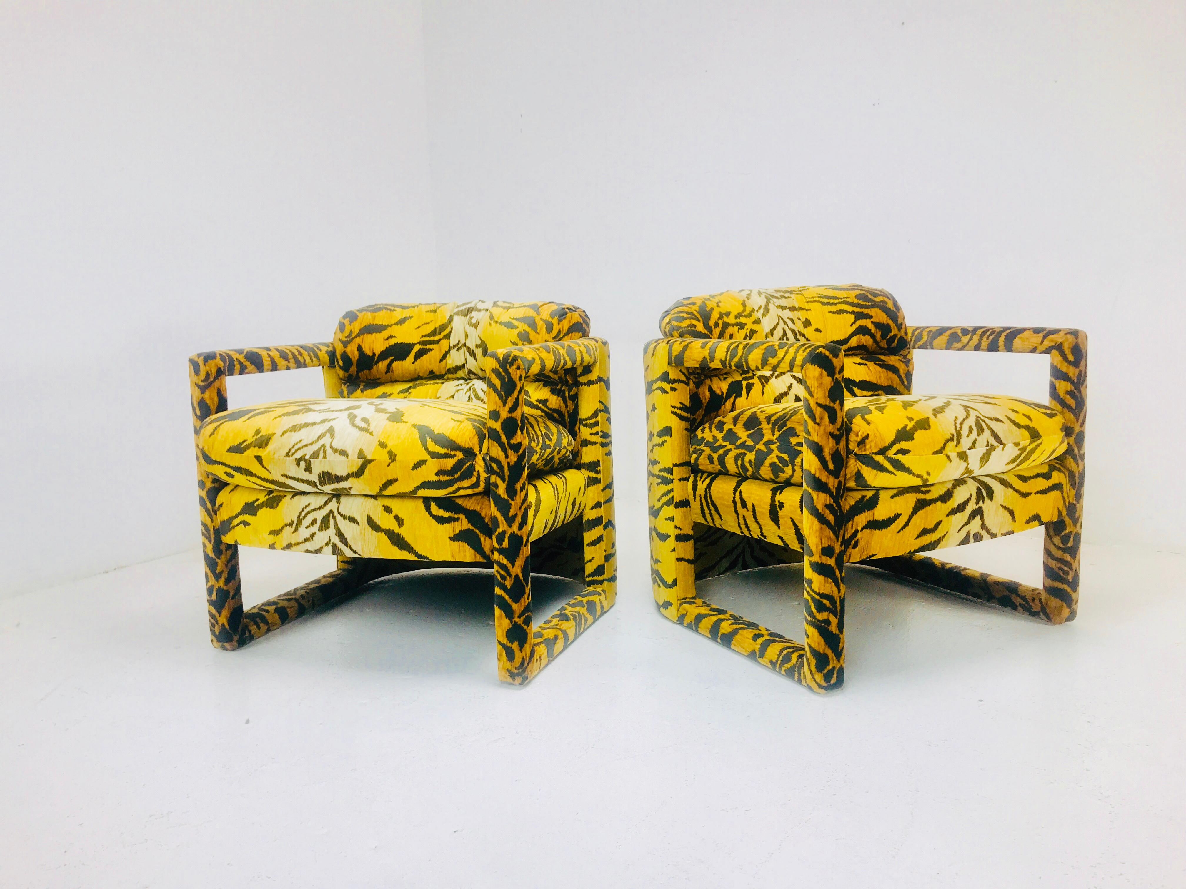Pair of Custom Tiger Print Chairs in the Style of Milo Baughman For Sale 1