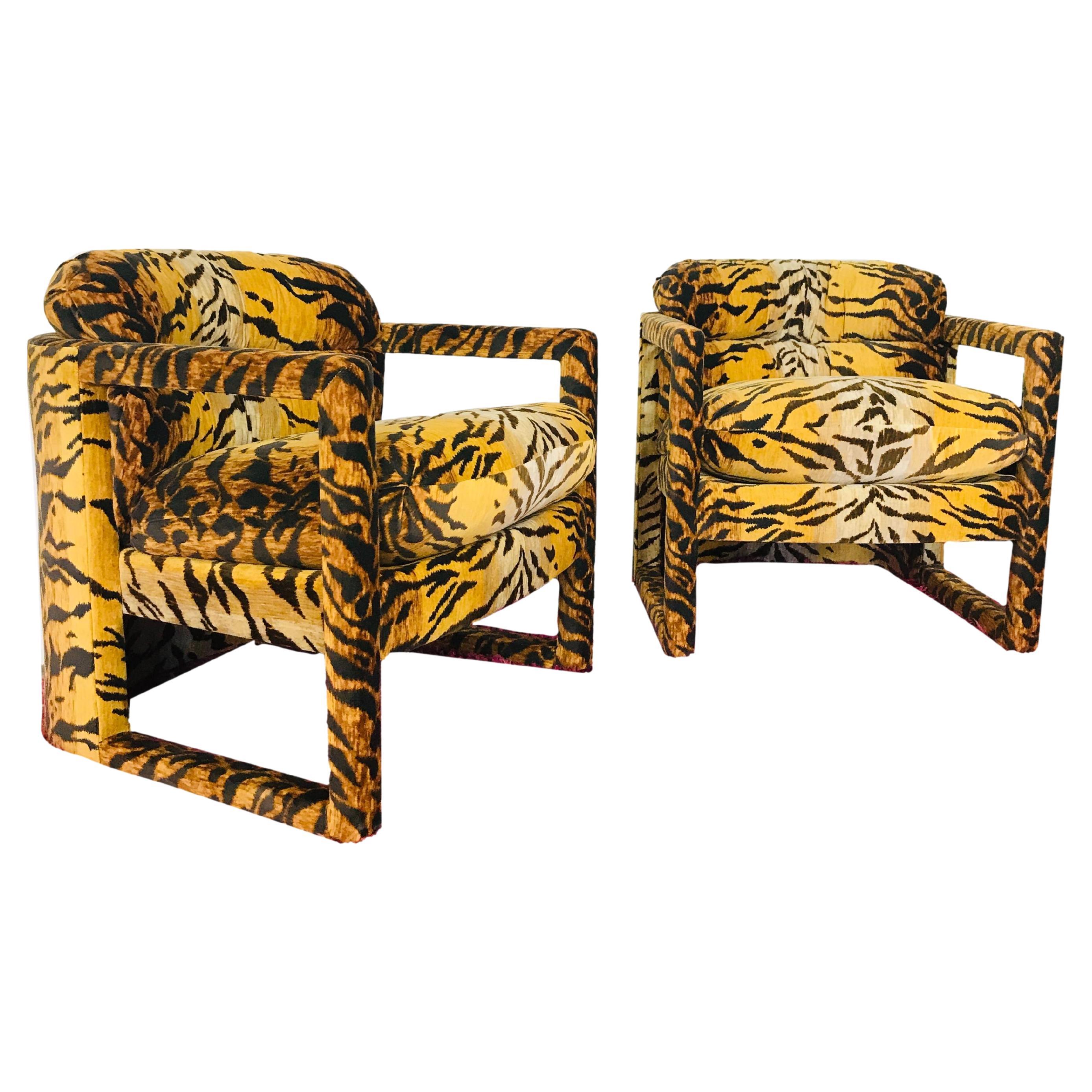 Pair of Custom Tiger Print Chairs in the Style of Milo Baughman