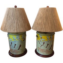 Pair of Custom Tin Canister Lamps a la Toulouse Lautrec