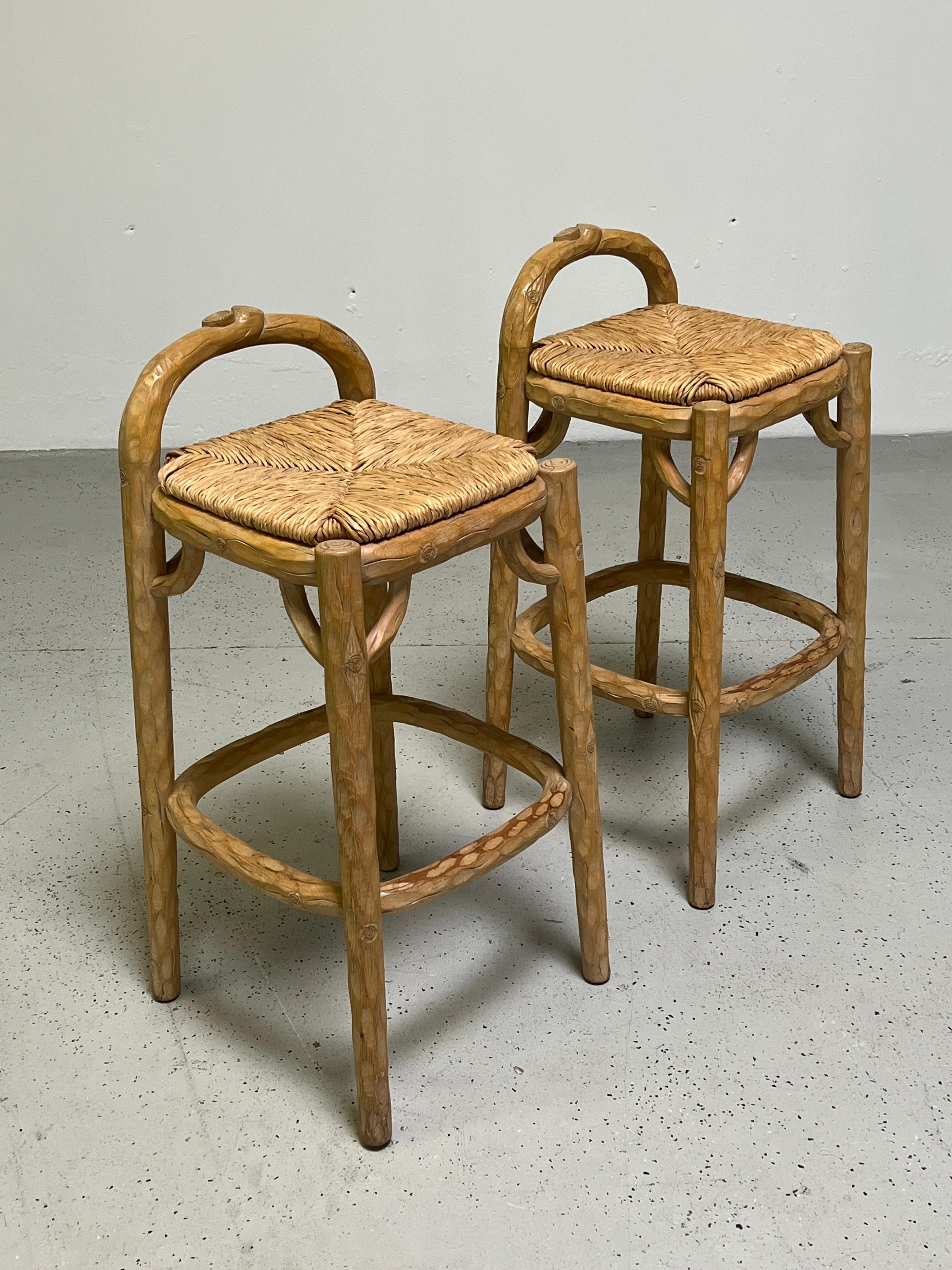 Pine Pair of Custom 'Tree Trunk' Barstools by Michael Taylor For Sale