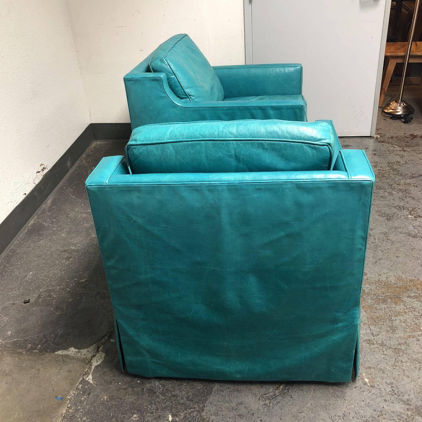Modern Pair of Custom Turquoise Leather Swival Armchairs