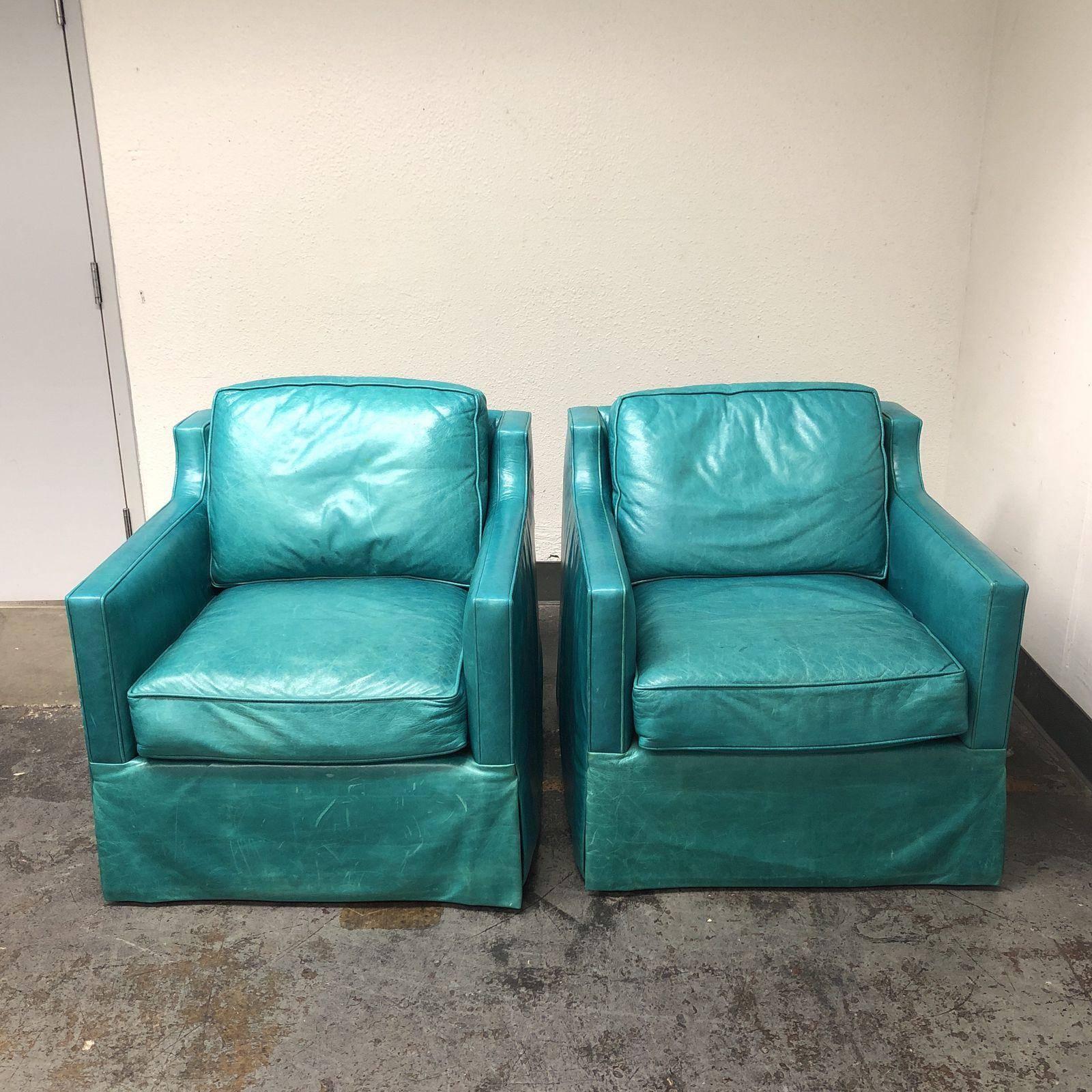 American Pair of Custom Turquoise Leather Swival Armchairs