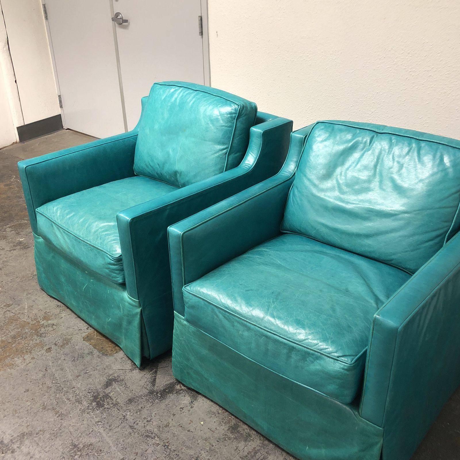 Pair of Custom Turquoise Leather Swival Armchairs In Good Condition In San Francisco, CA