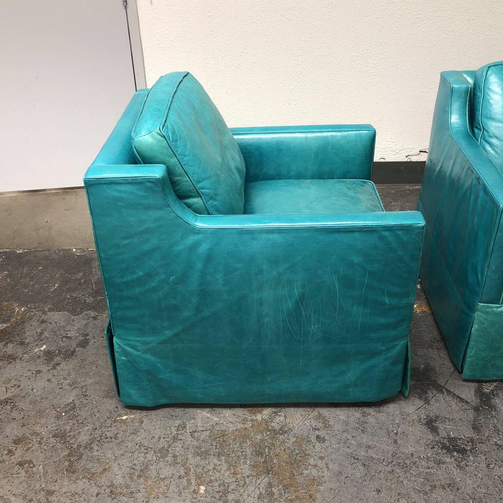 Contemporary Pair of Custom Turquoise Leather Swival Armchairs