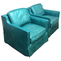 Pair of Custom Turquoise Leather Swival Armchairs
