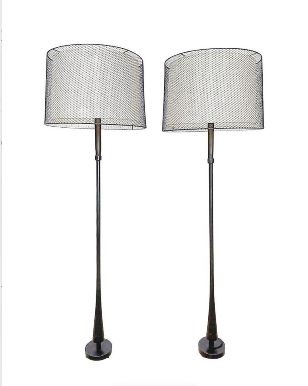 Bronze Pair of Custom Unique Floor Lamps In Iron and Wood