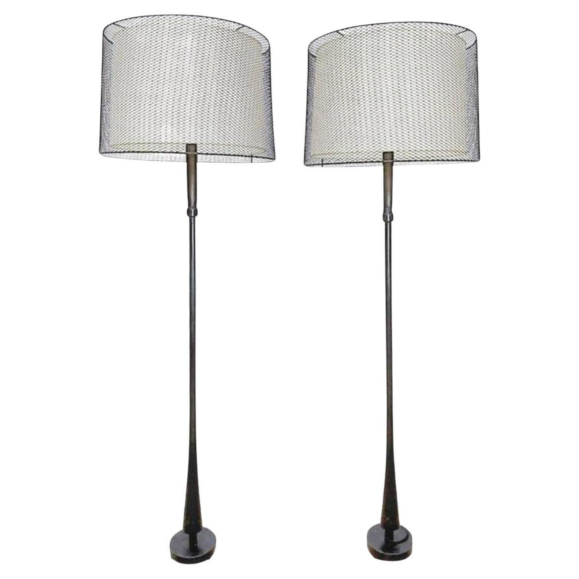 Pair of Custom Unique Floor Lamps In Iron and Wood