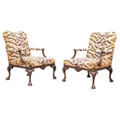 Pair Of Custom Upholstered Chippendale Style Carved Armchairs