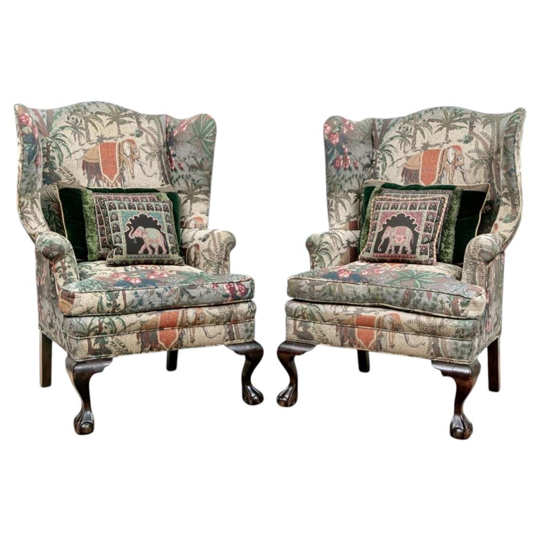 Pair Of Custom Upholstered Chippendale-Style Wingback Armchairs For Sale