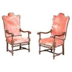 Pair Of Custom Upholstered Jacobean Style Oak Hall Chairs