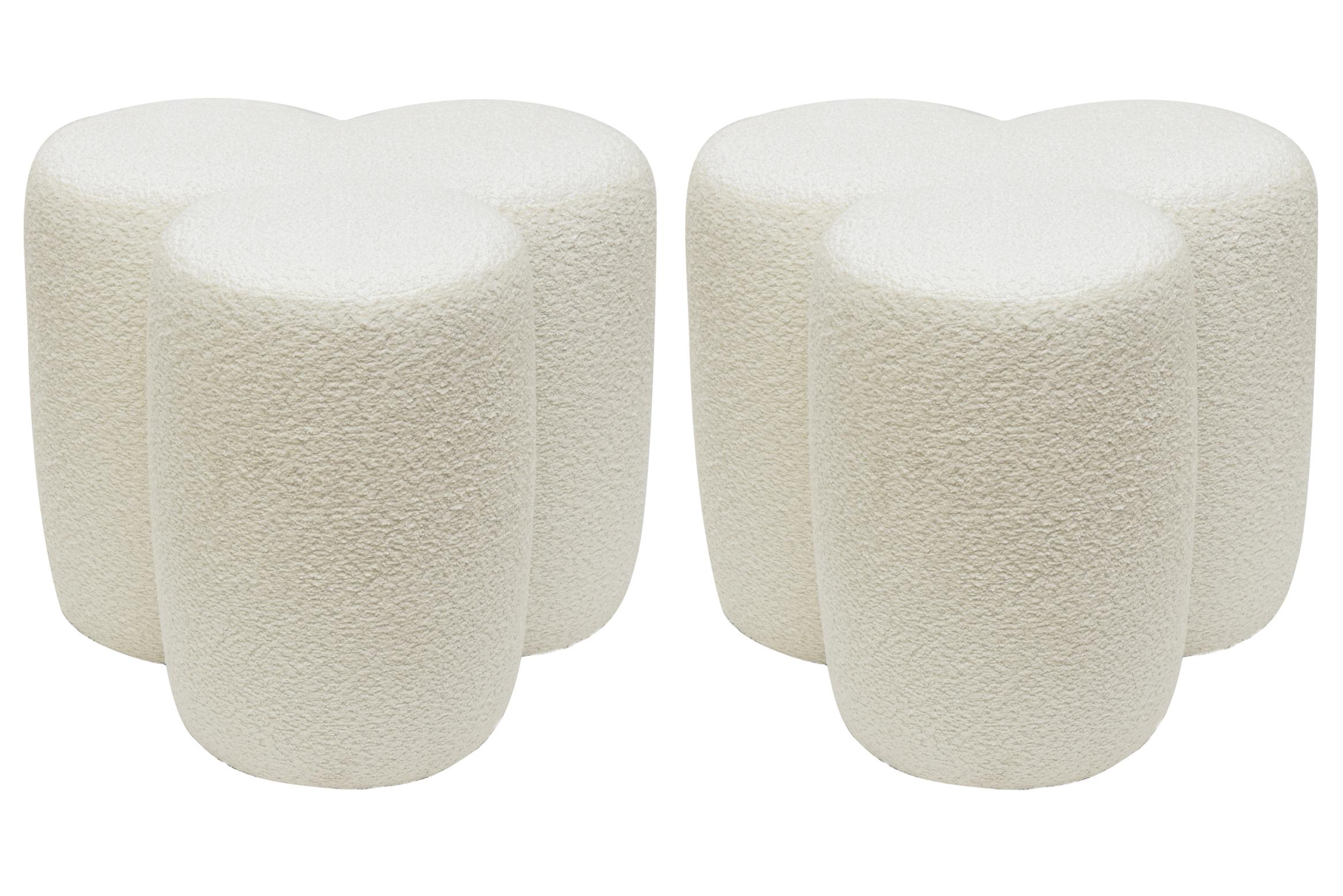 Pair of Custom Upholstered White Bouclé Cloud Ottomans or Benches  6