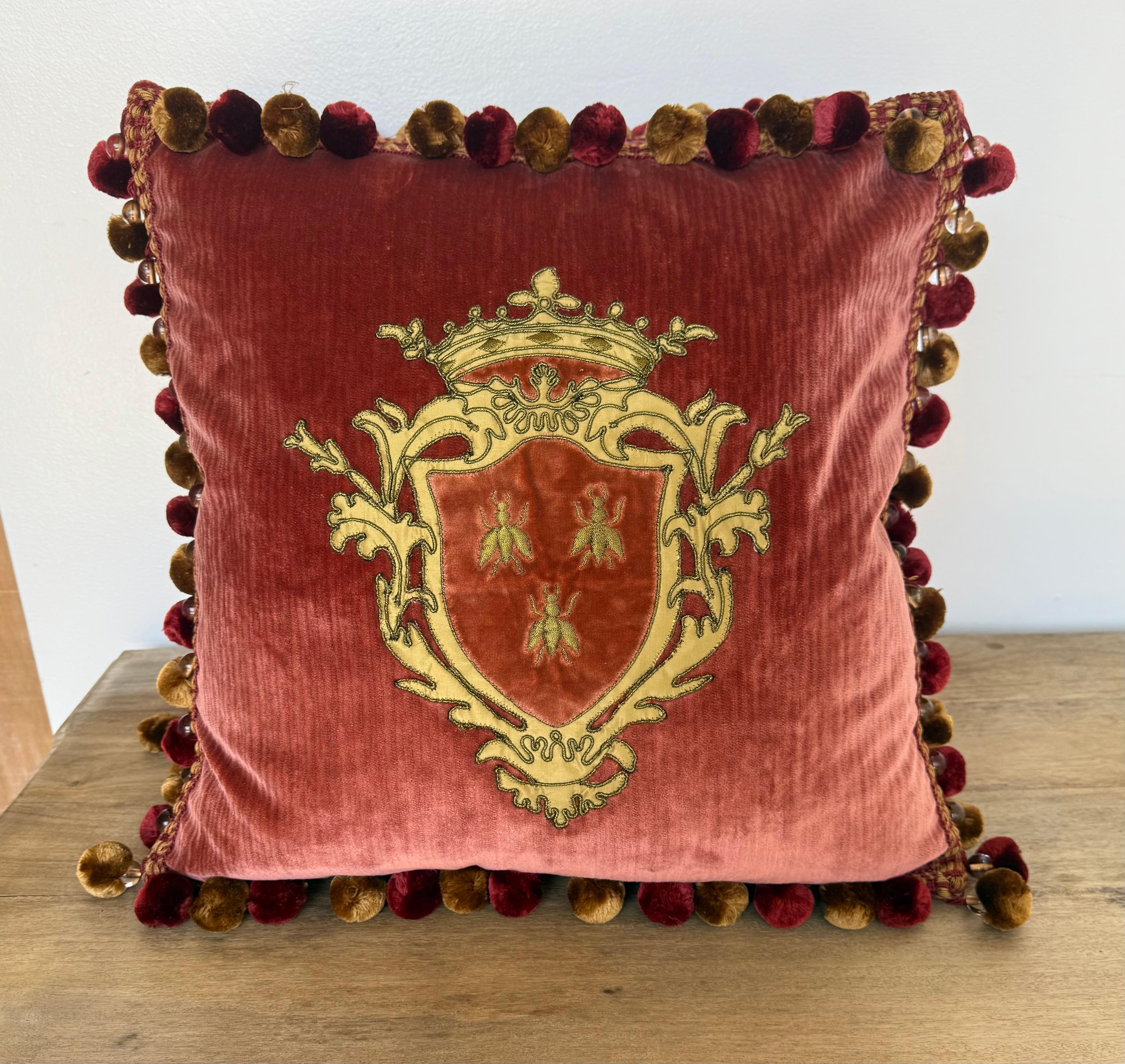 Baroque Pair of Custom Velvet Pillows with Heraldic Crest by Melissa Levinson For Sale
