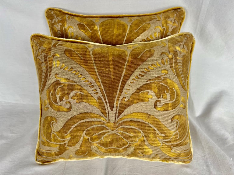 Pair of custom pillows made with vintage gold Fortuny textle fronts and golden velvet backs. Self welt, down inserts, zipper closures.