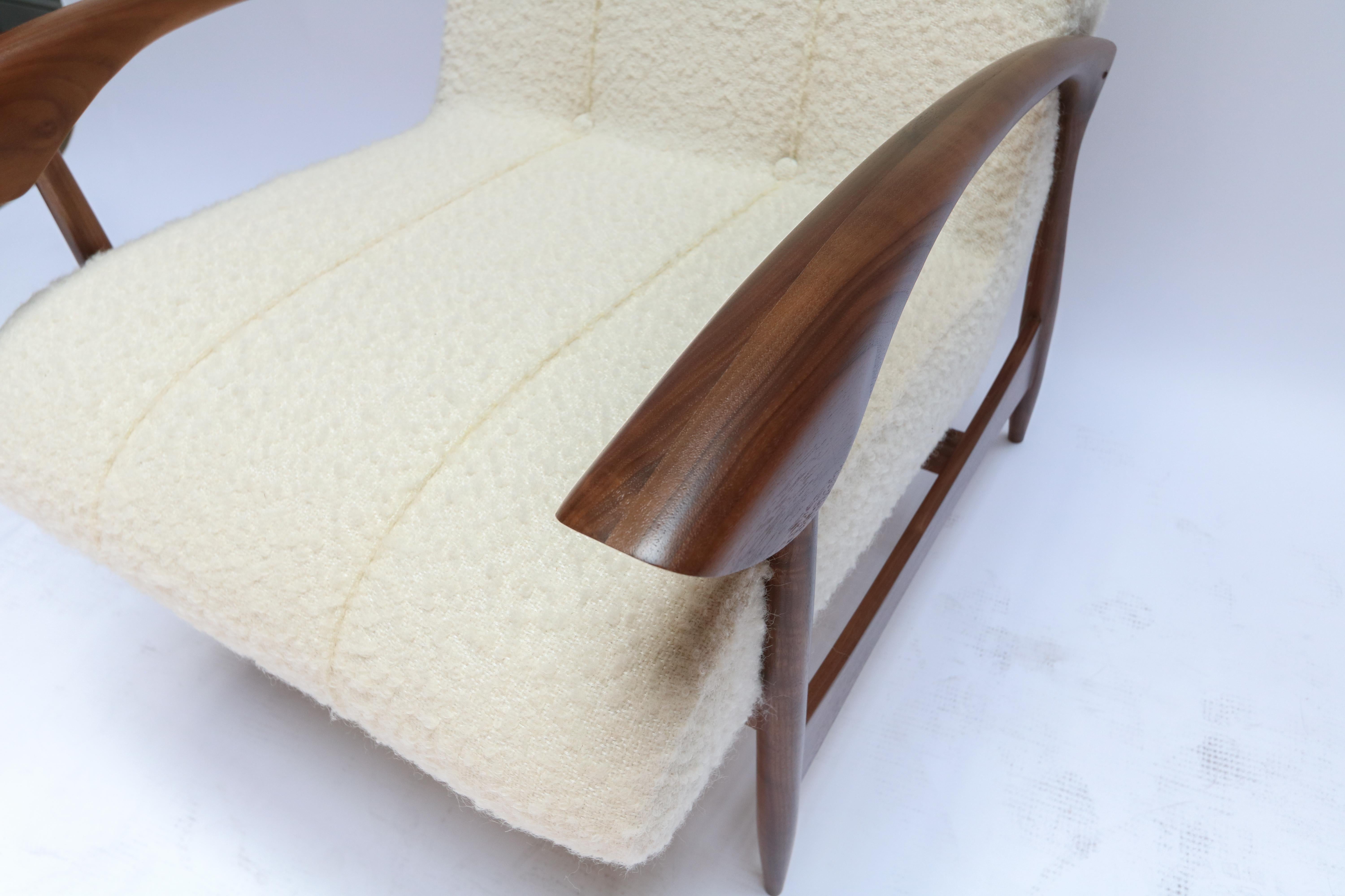 Pair of Custom Walnut Armchairs in Ivory Boucle by Adesso Imports For Sale 1
