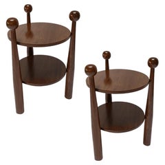 Pair of Custom Walnut Mid-Century Style Round Side Tables by Adesso Imports