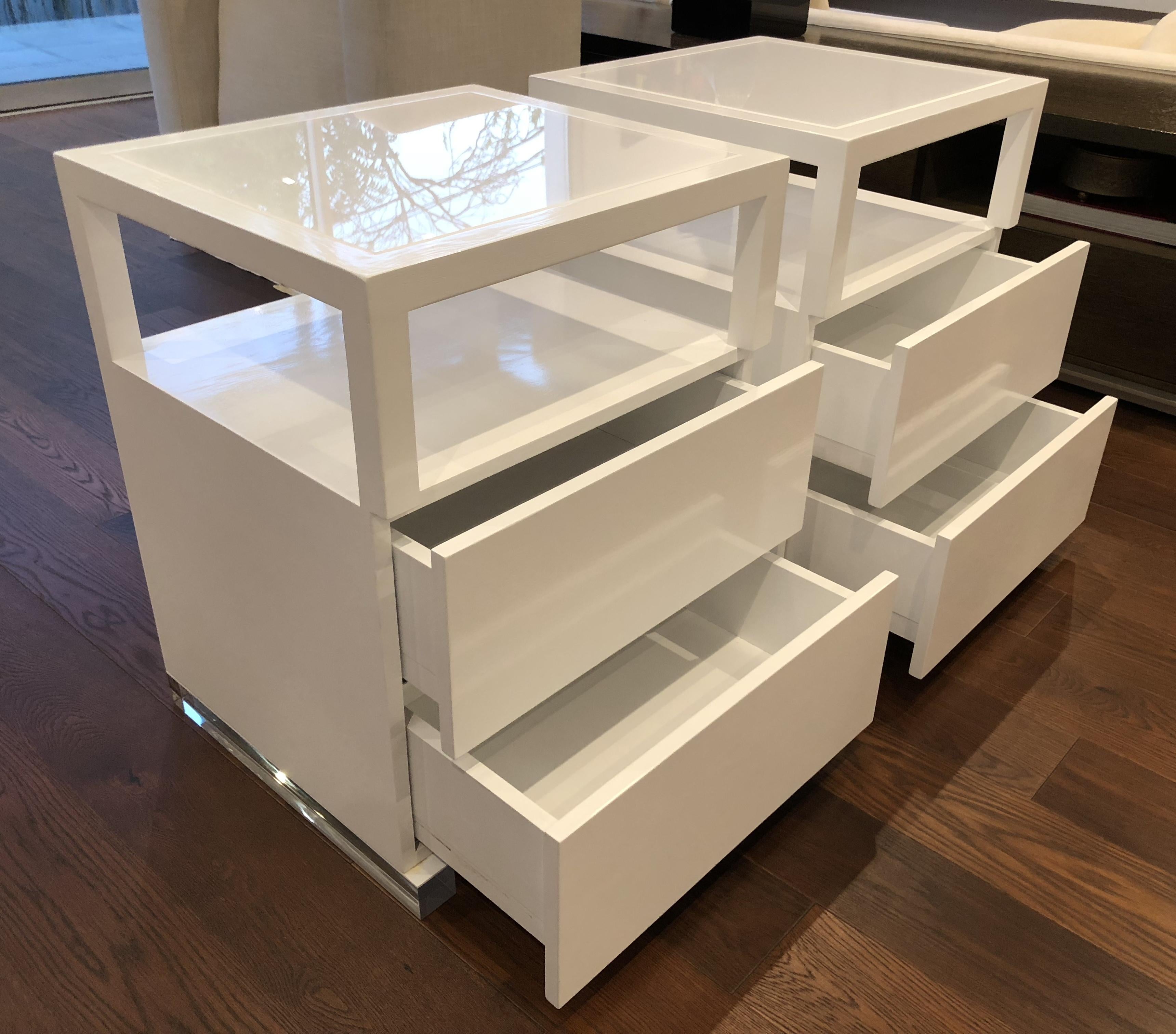 Pair of Custom White Lacquer and Lucite Nightstands by Cain Modern For Sale 2
