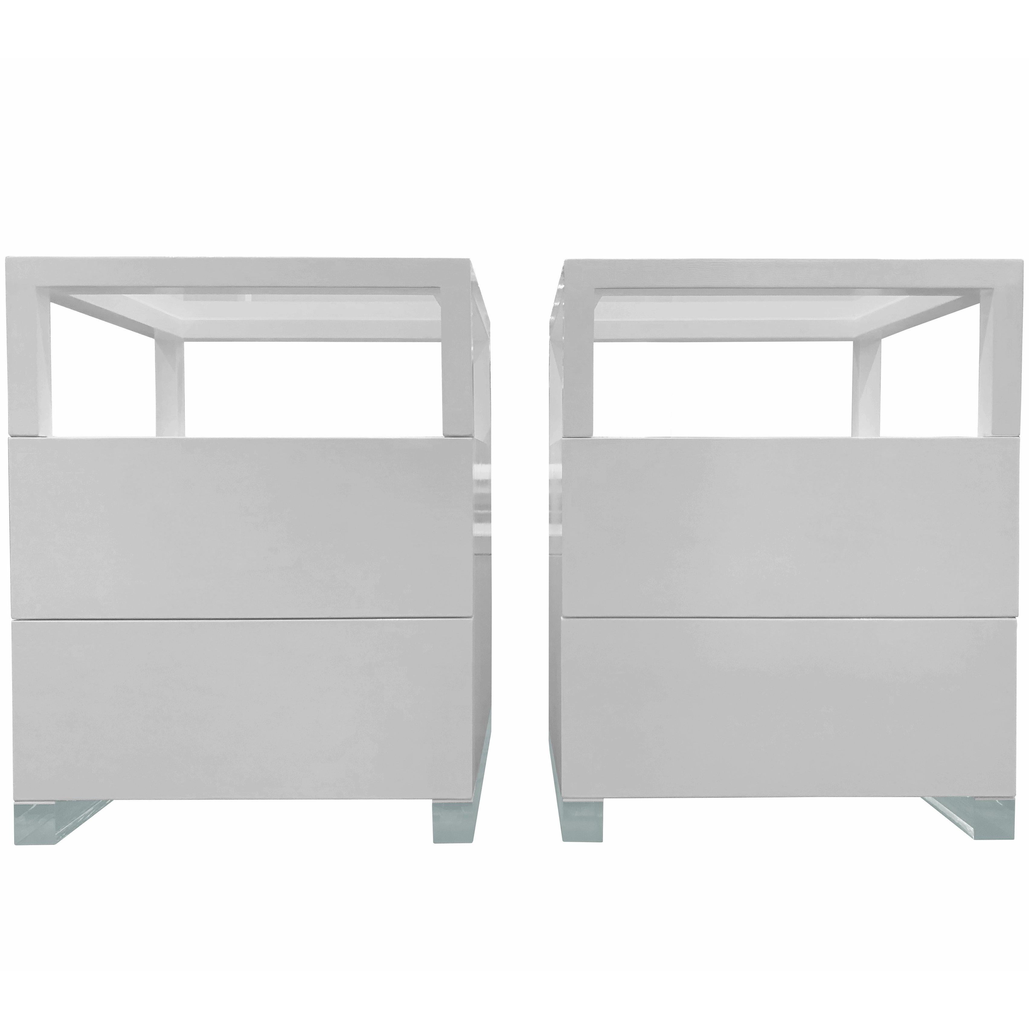 Pair of Custom White Lacquer and Lucite Nightstands by Cain Modern For Sale