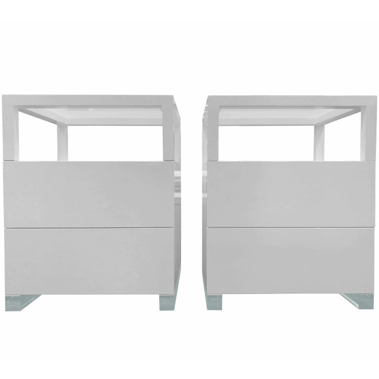 Pair Of Custom White Lacquer And Lucite Nightstands By Cain Modern For Sale At 1stdibs