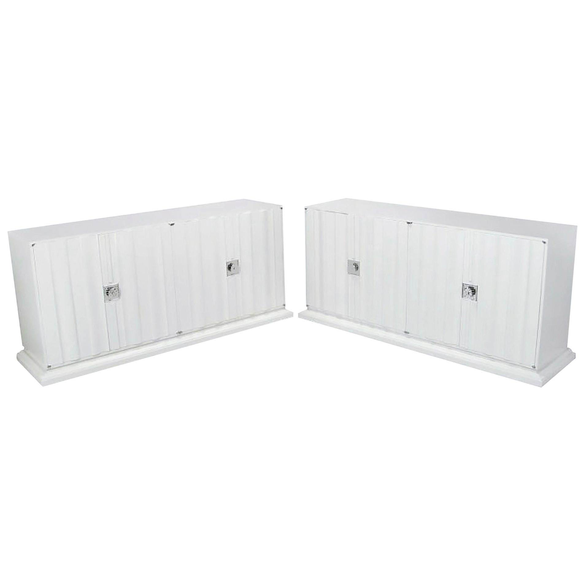 Pair of Custom White Lacquer Linen Fold Cabinets