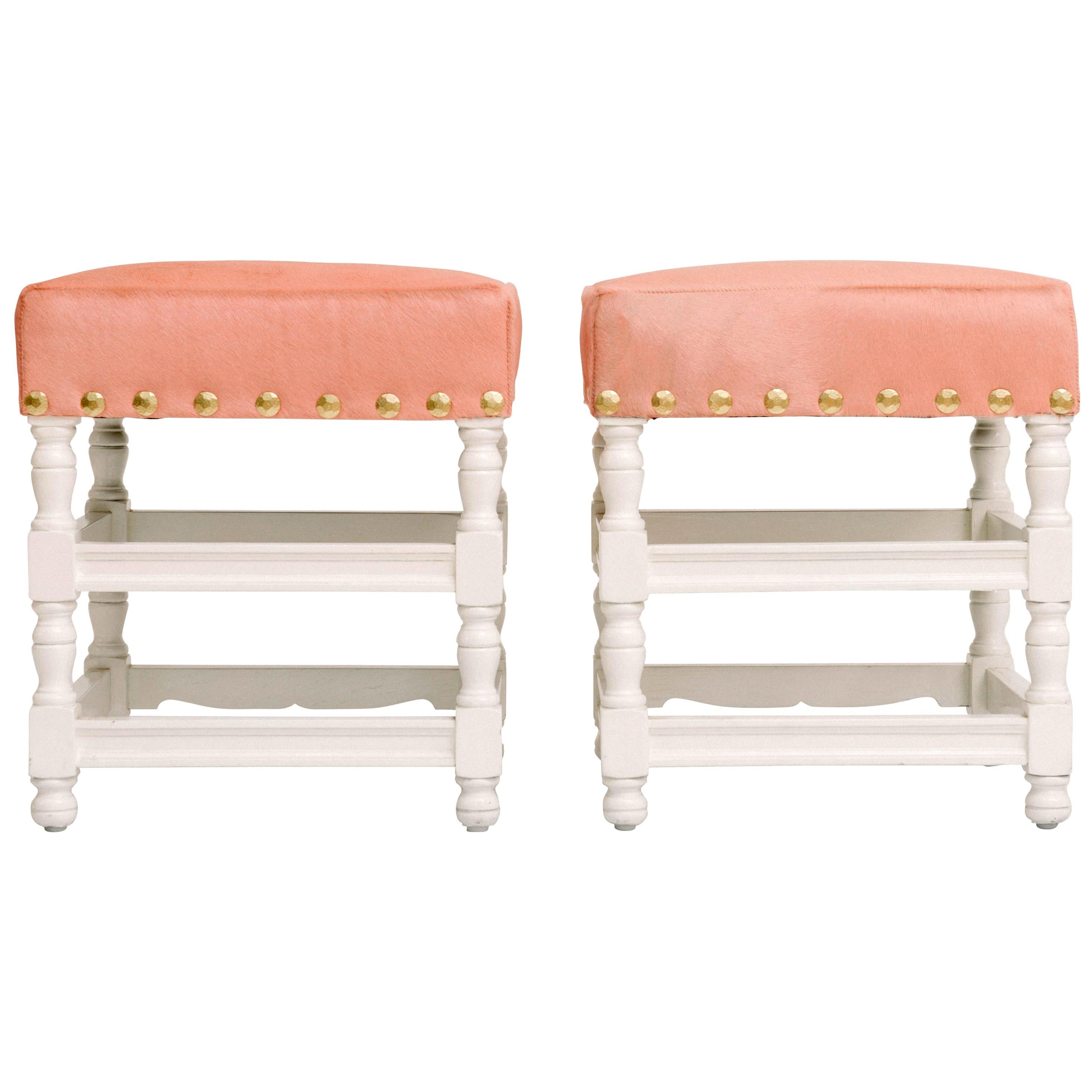 Pair of Custom White Lacquer Stools Upholstered in Pink Hide