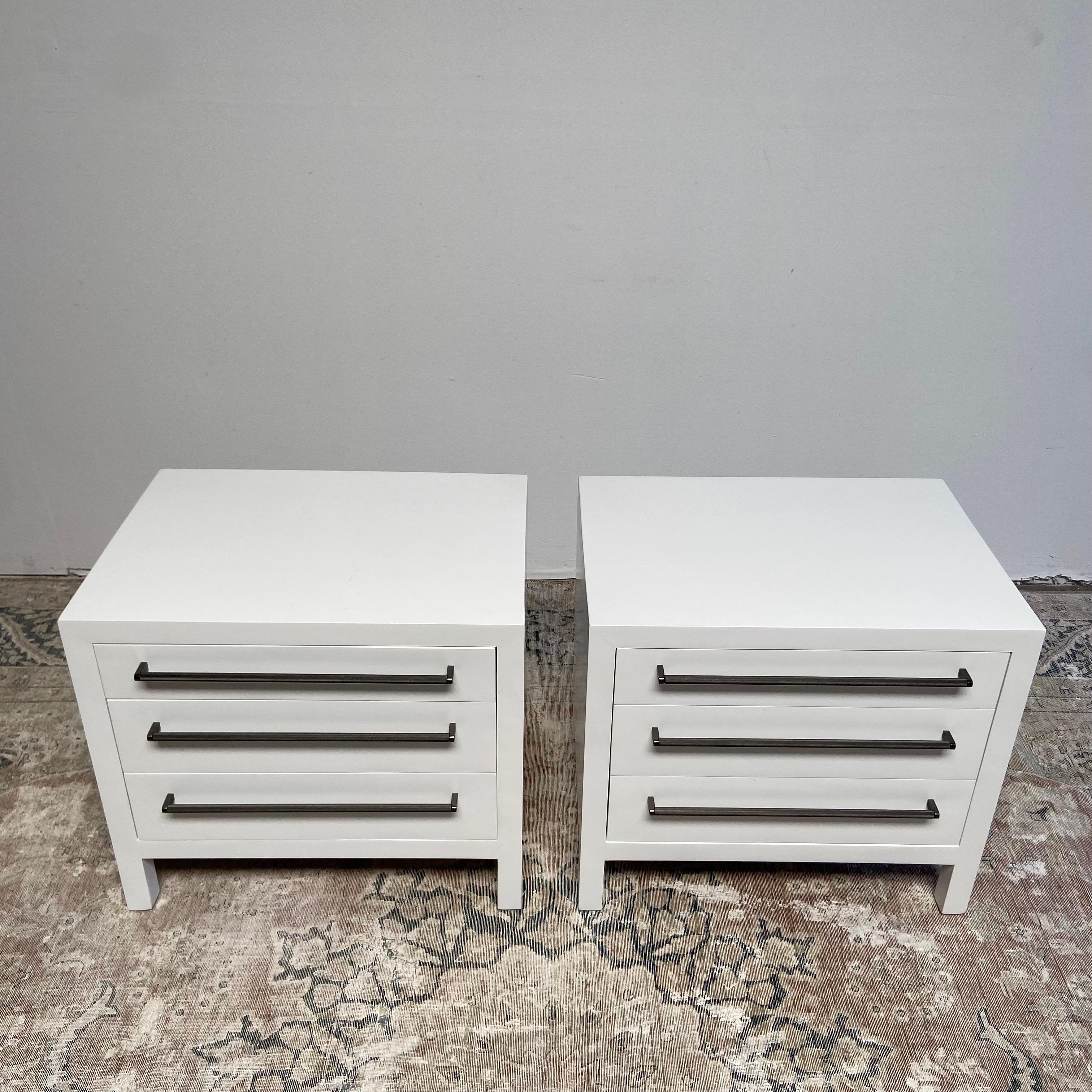 Size: 28”w x 20”d x 25-1/2”h
Pair of custom made white painted 3 drawer night stands with bronze knurled handles.  Dovetail drawers, solid wood with soft close.
This pair is for the floor samples.  Please inquire with us for custom sizes.
Custom