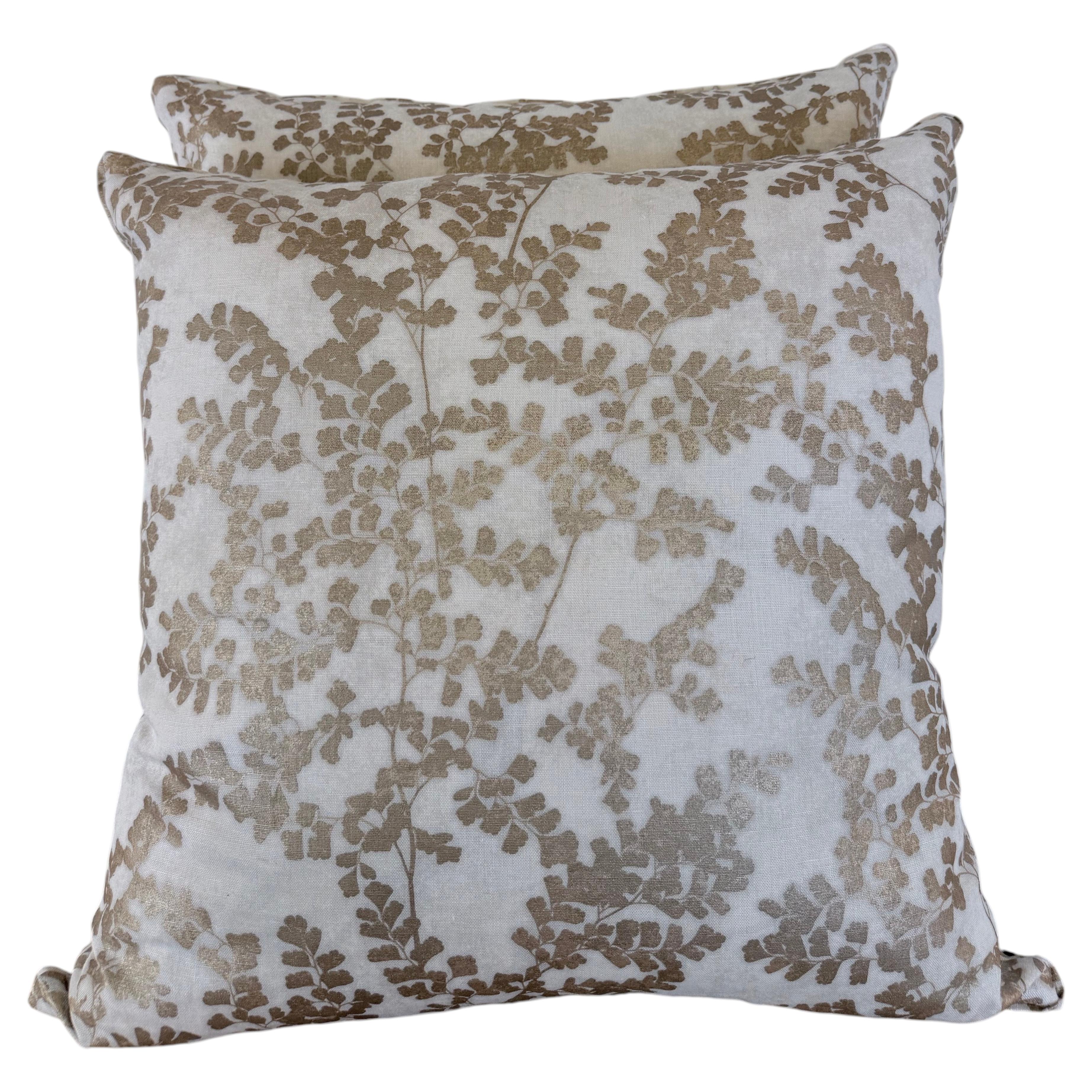 Pair of Custom White Pillows w/ Fern Botanical Design For Sale