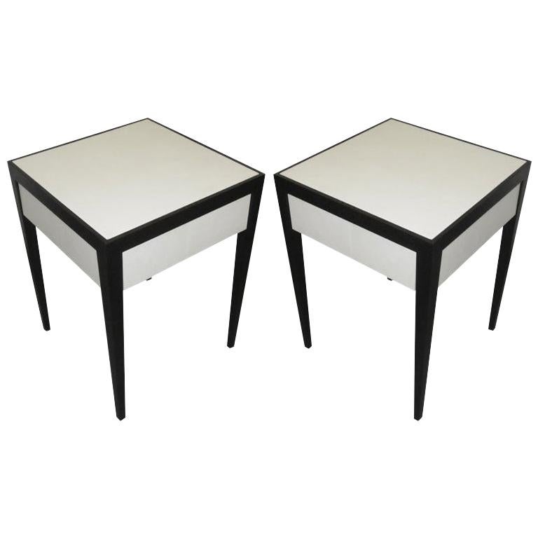 Pair of Custom Ebonized Parchment End Tables with Central Drawer