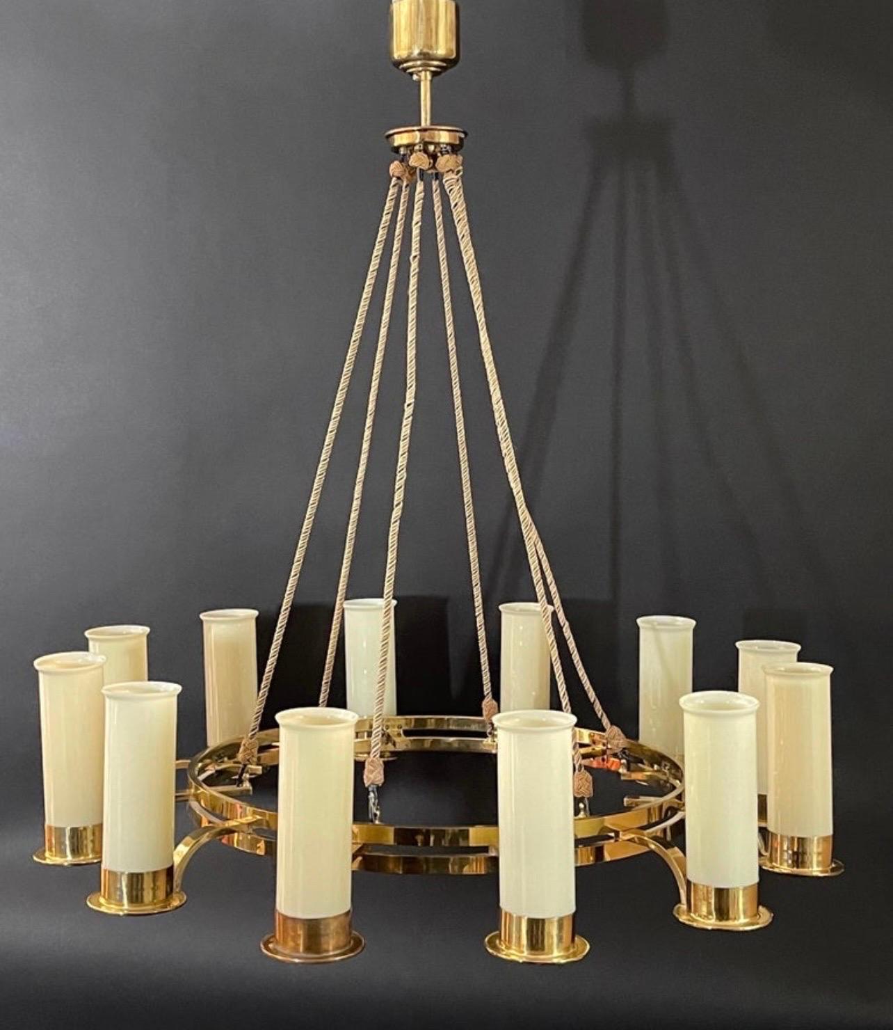 Lacquered Pair of Customized Art Deco Style Brass and Glass Chandeliers For Sale