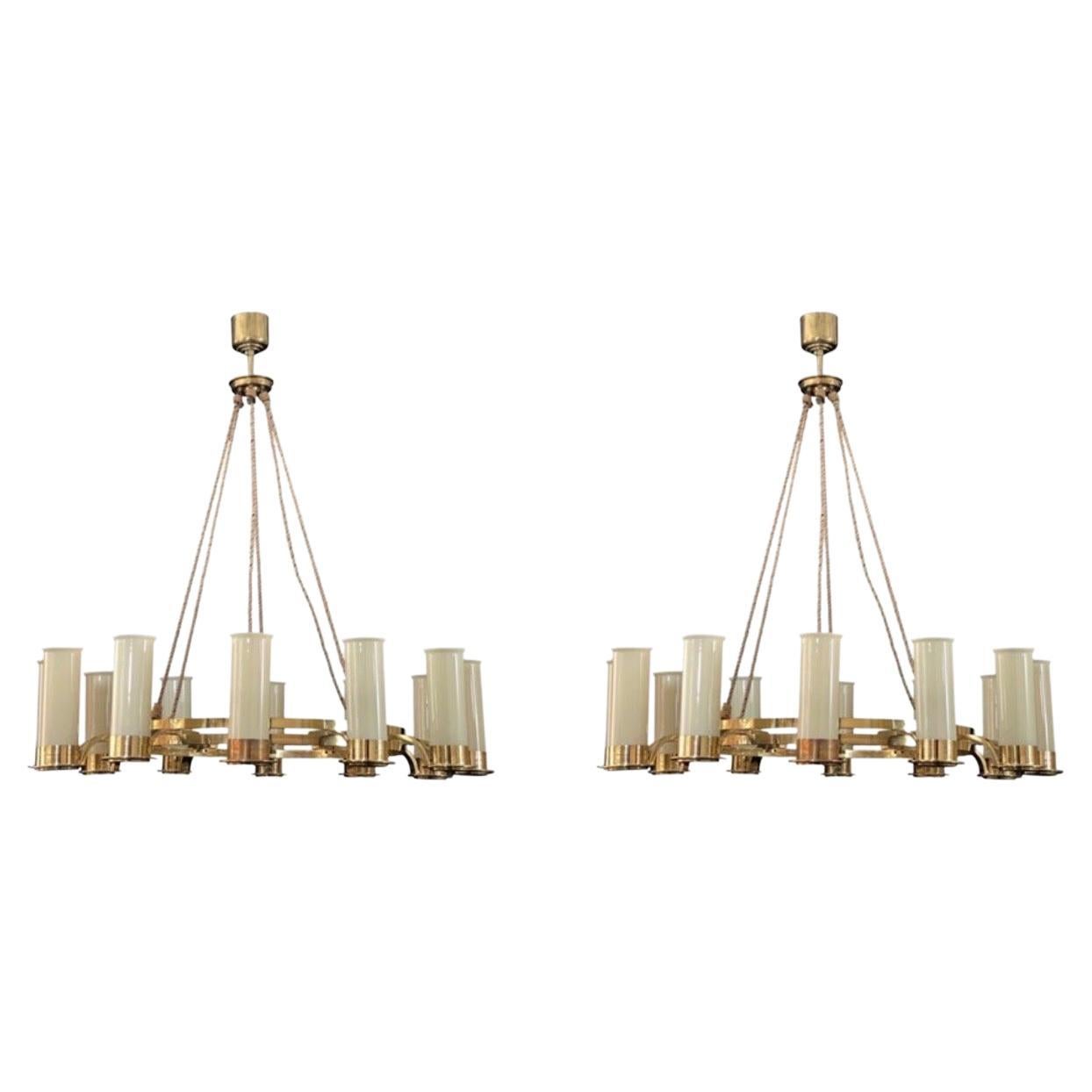 Pair of Customized Art Deco Style Brass and Glass Chandeliers For Sale