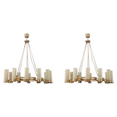 Pair of Customized Art Deco Style Brass and Glass Chandeliers