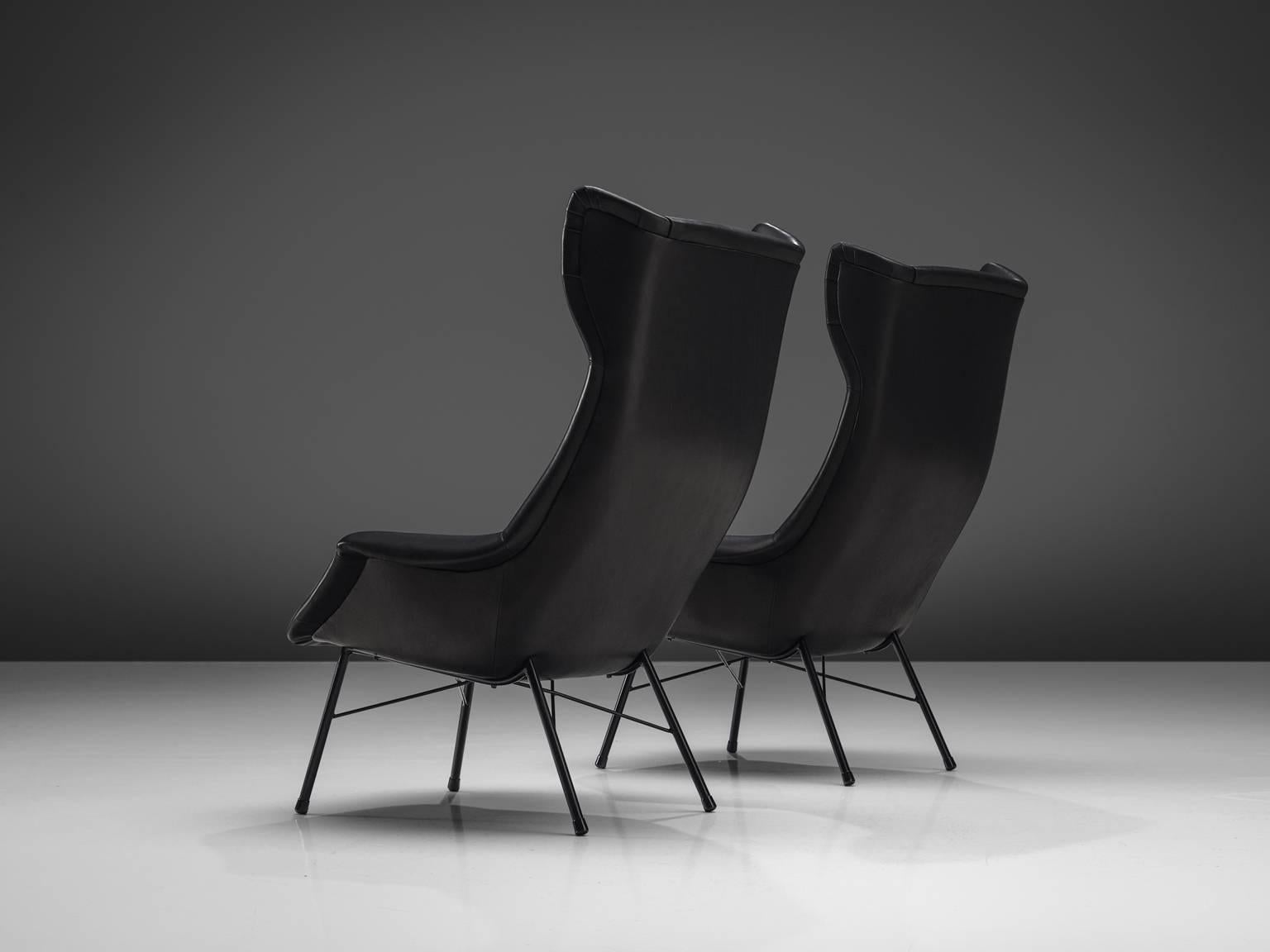 Mid-Century Modern Pair of Customized Black Leather Lounge Chairs