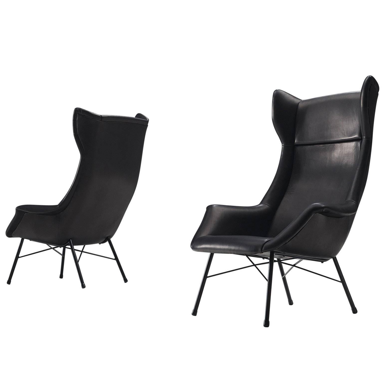 Pair of Customized Black Leather Lounge Chairs