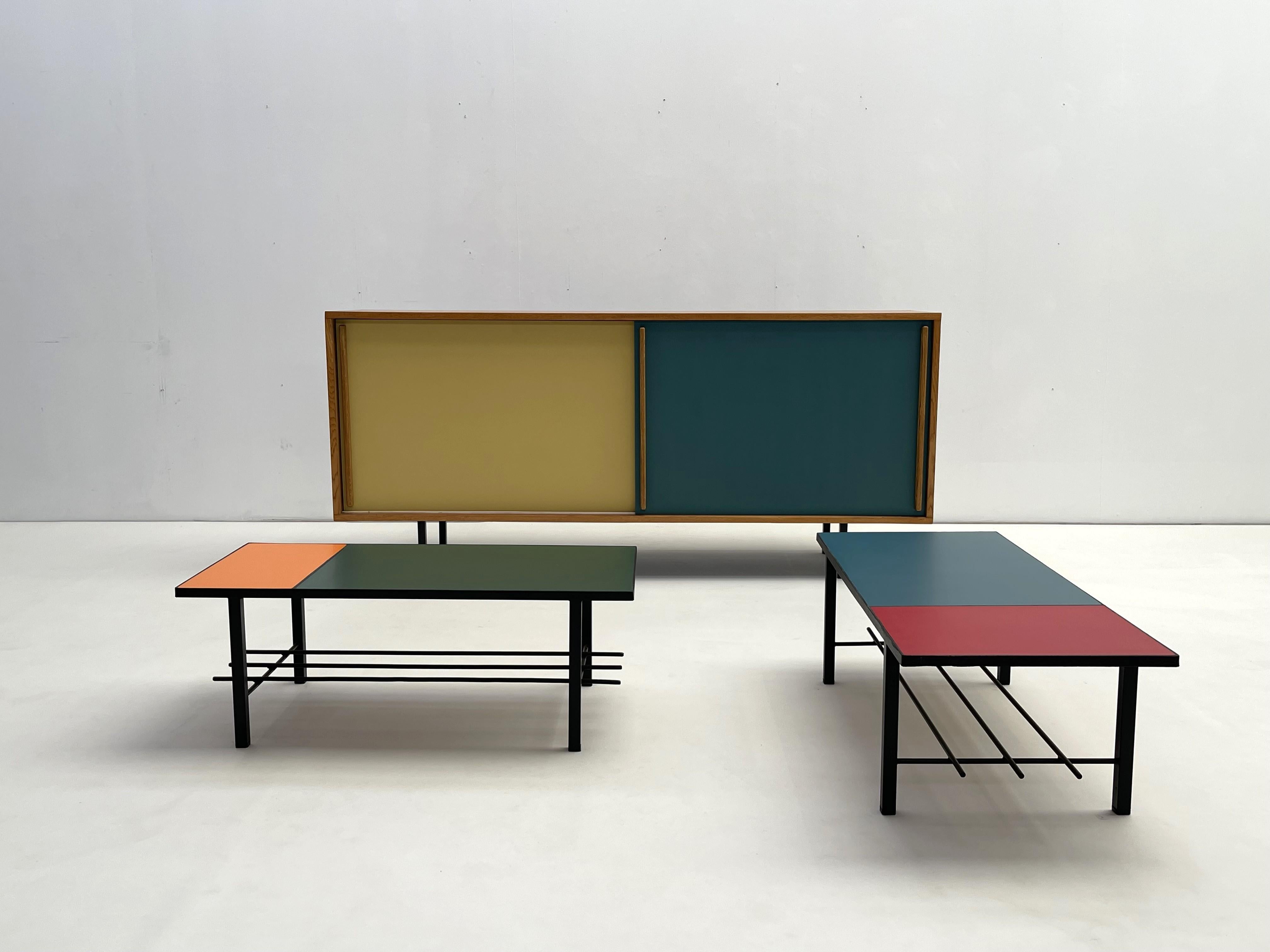 Iron Pair of customized Formica coffee tables (2 sizes) For Sale