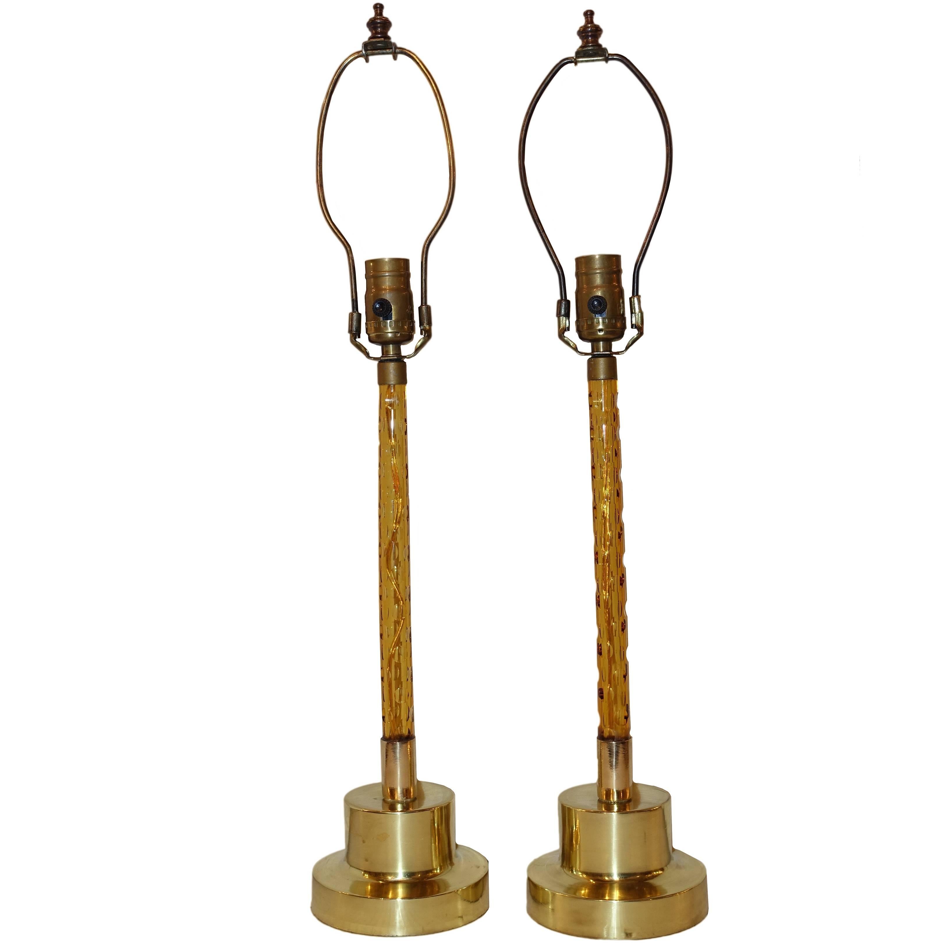 Pair of Cut Amber Glass French Lamps For Sale