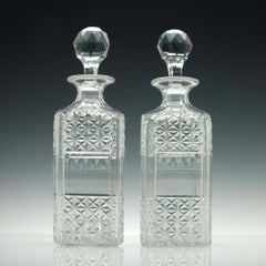 Pair of Cut and Engraved Square Victorian Decanters, circa 1880