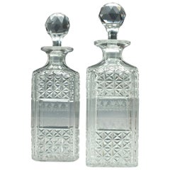 Antique Pair of Cut and Engraved Square Victorian Decanters, circa 1880