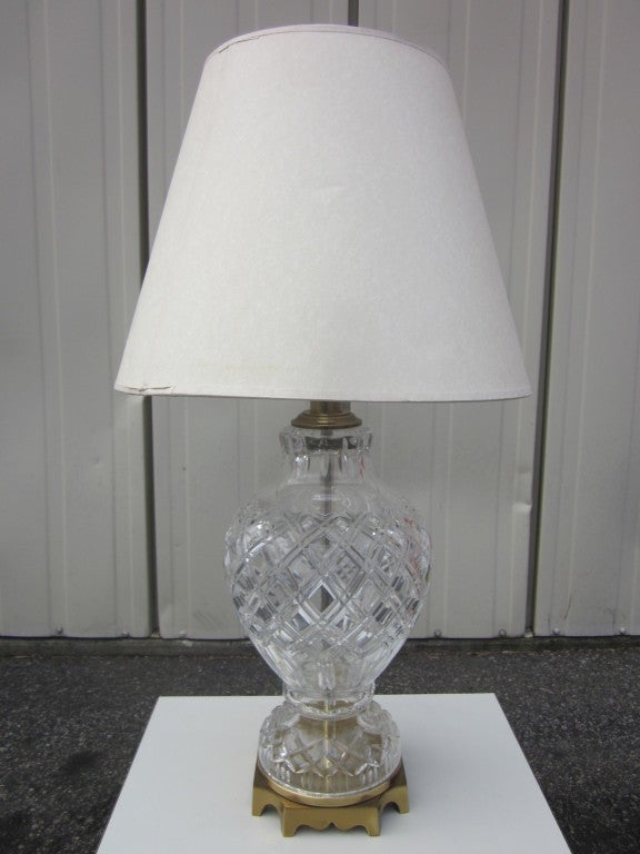 Stunning pair of cut crystal table lamps with brass decorative bases. Marbro.
Measures: 29 height (to top of finial) x 9 in diameter.
Shades not included.