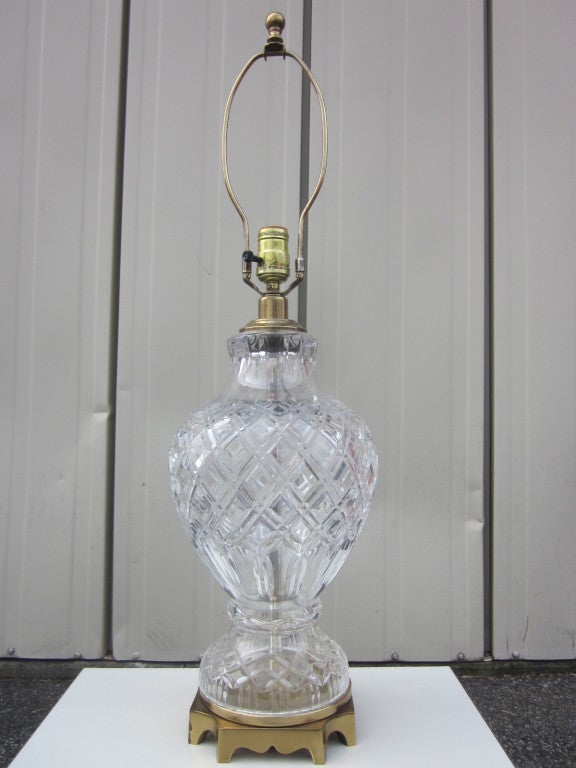 Hollywood Regency Pair of Cut Crystal and Brass Lamps For Sale