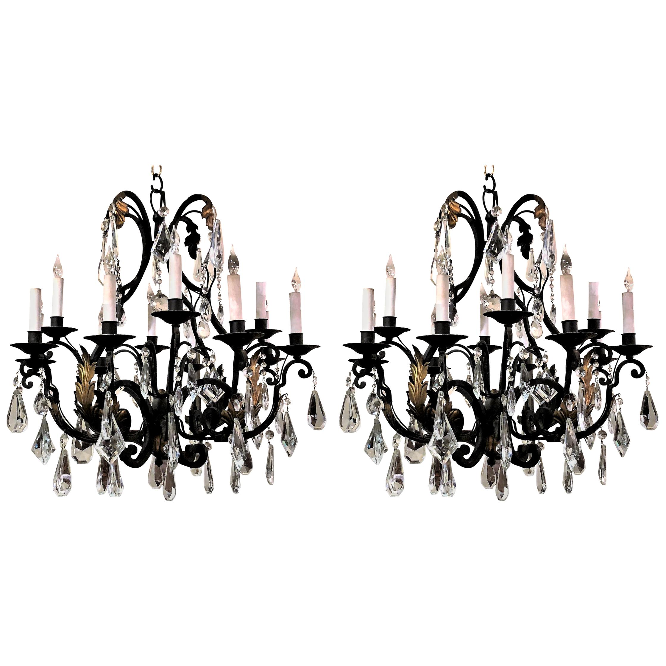 Pair of Cut Crystal and Iron Chandeliers