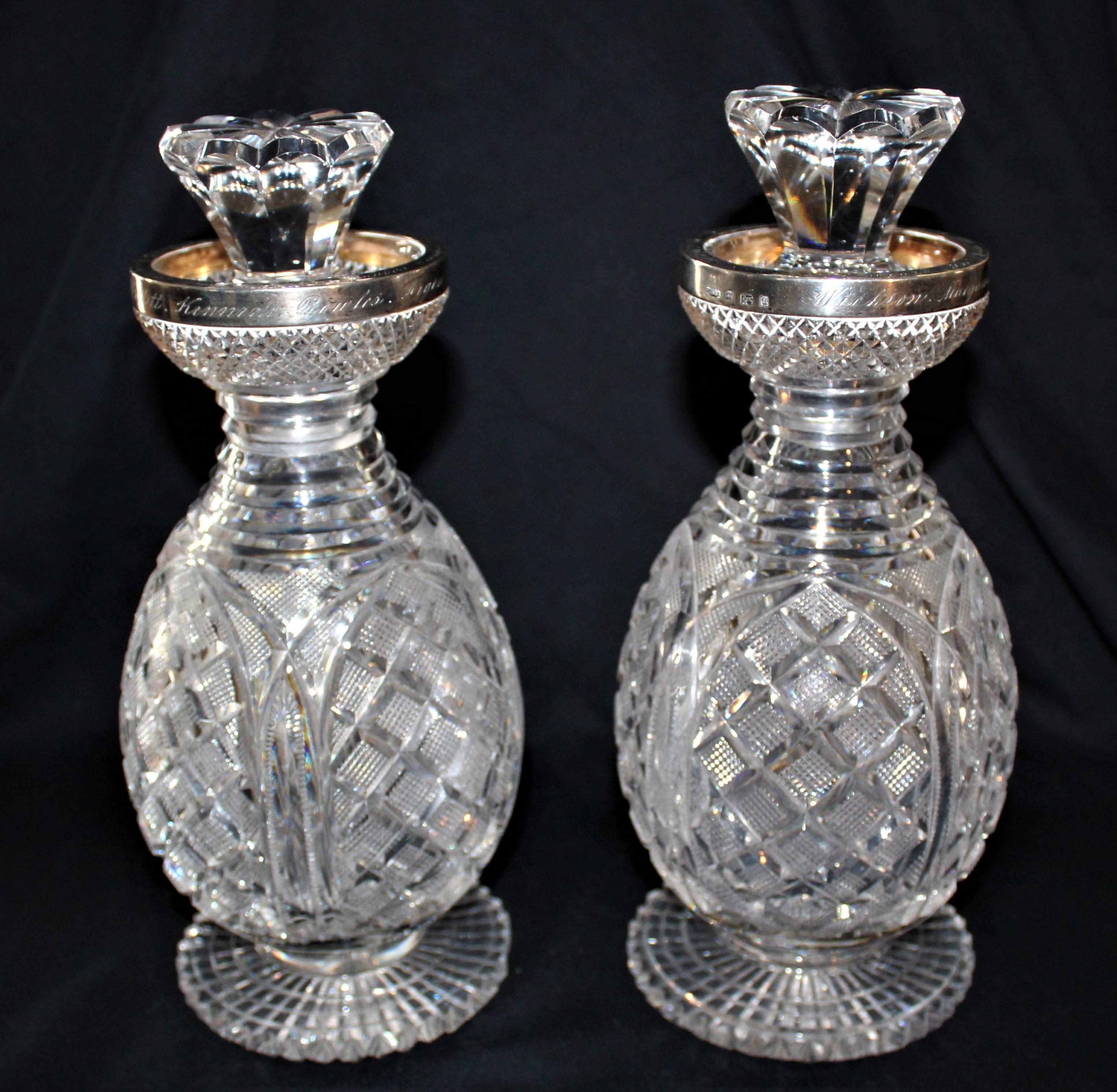 Victorian Pair of Cut Crystal and Sterling Silver Decanters, 1900, Birmingham England